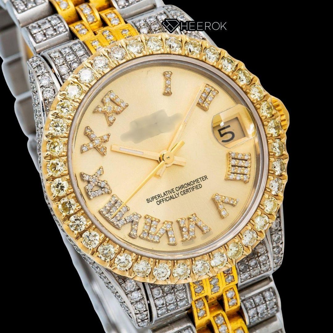 Rolex Datejust Roman Diamond Markers Yellow Dial Diamond Bezel Two Tone Yellow Gold Moissanite Diamond Jubilee Bracelet For Women