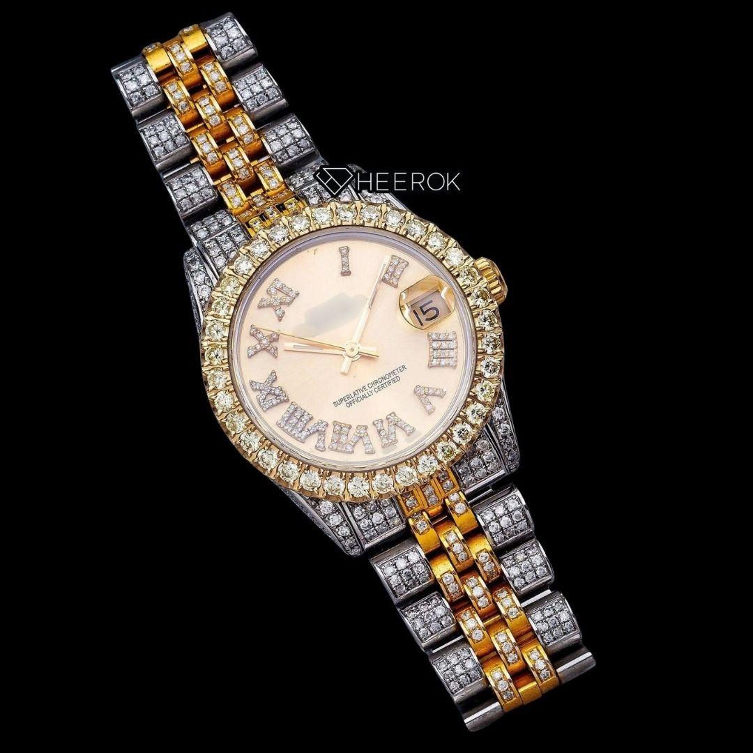 Rolex Datejust Roman Diamond Markers Yellow Dial Diamond Bezel Two Tone Yellow Gold Moissanite Diamond Jubilee Bracelet For Women
