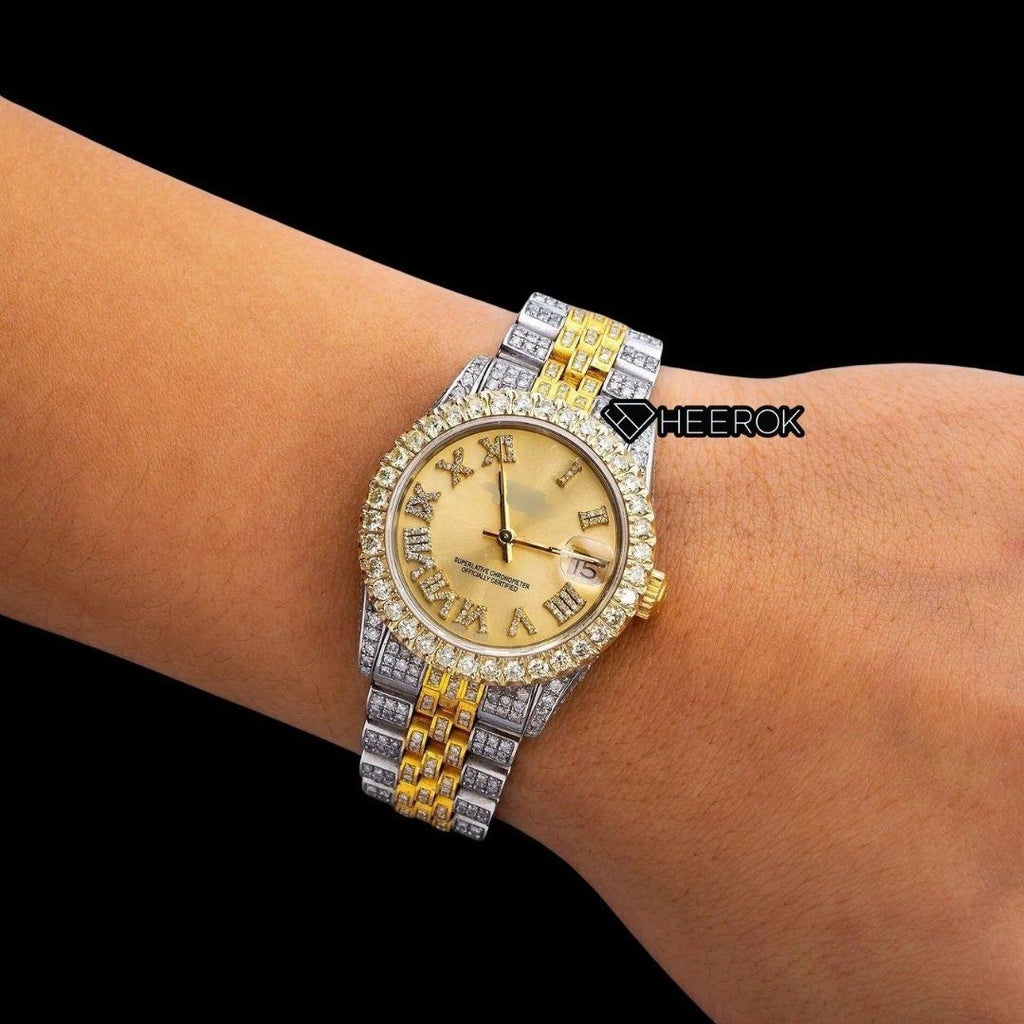 Rolex Datejust Roman Diamond Markers Yellow Dial Diamond Bezel Two Tone Yellow Gold Moissanite Diamond Jubilee Bracelet For Women