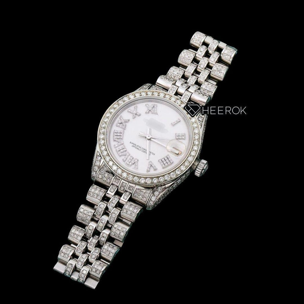 Rolex Datejust Roman Diamond Numerals Dial Diamond Bezel Fully Iced Moissanite Diamond Jubilee Bracelet For Women