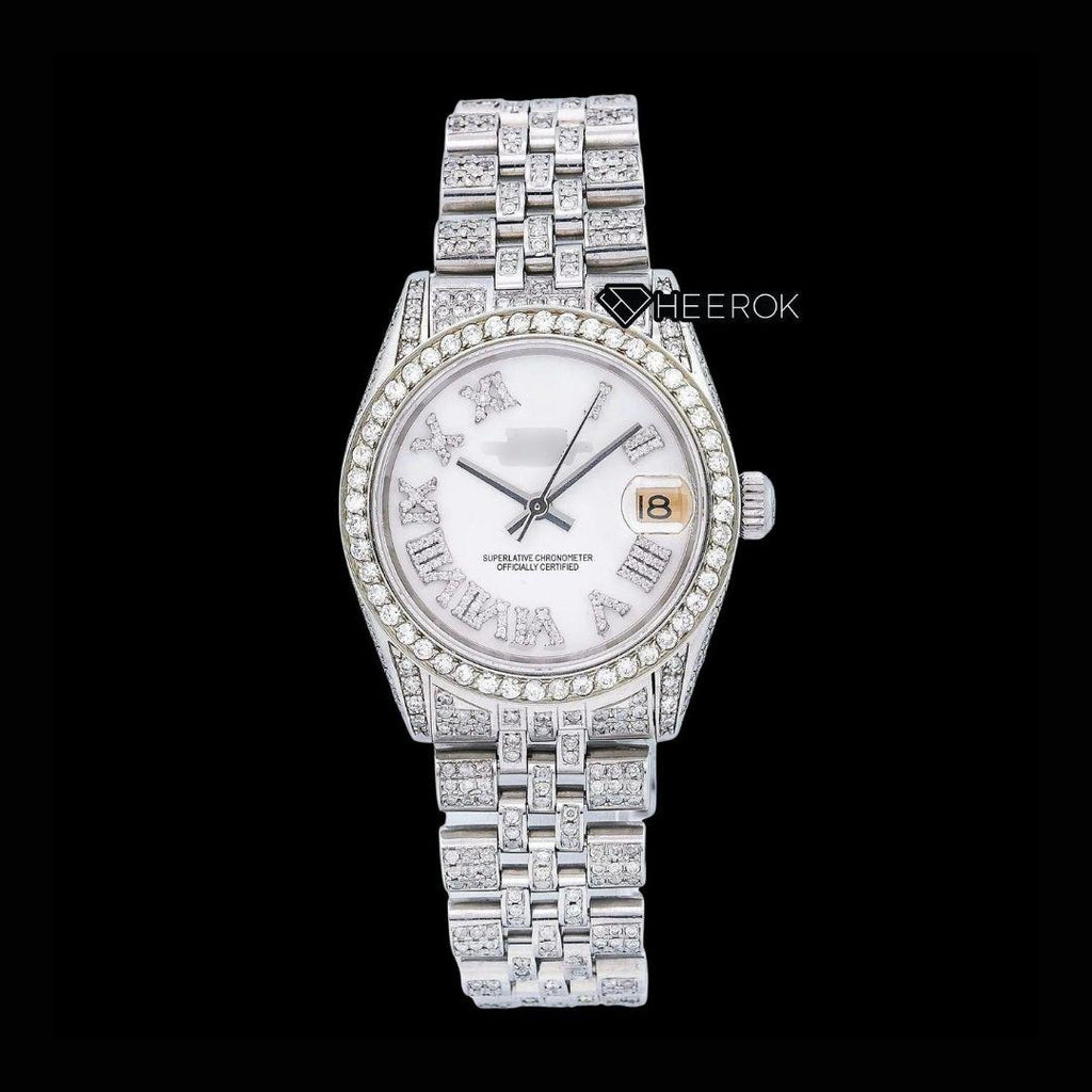 Rolex Datejust Roman Diamond Numerals Dial Diamond Bezel Fully Iced Moissanite Diamond Jubilee Bracelet For Women
