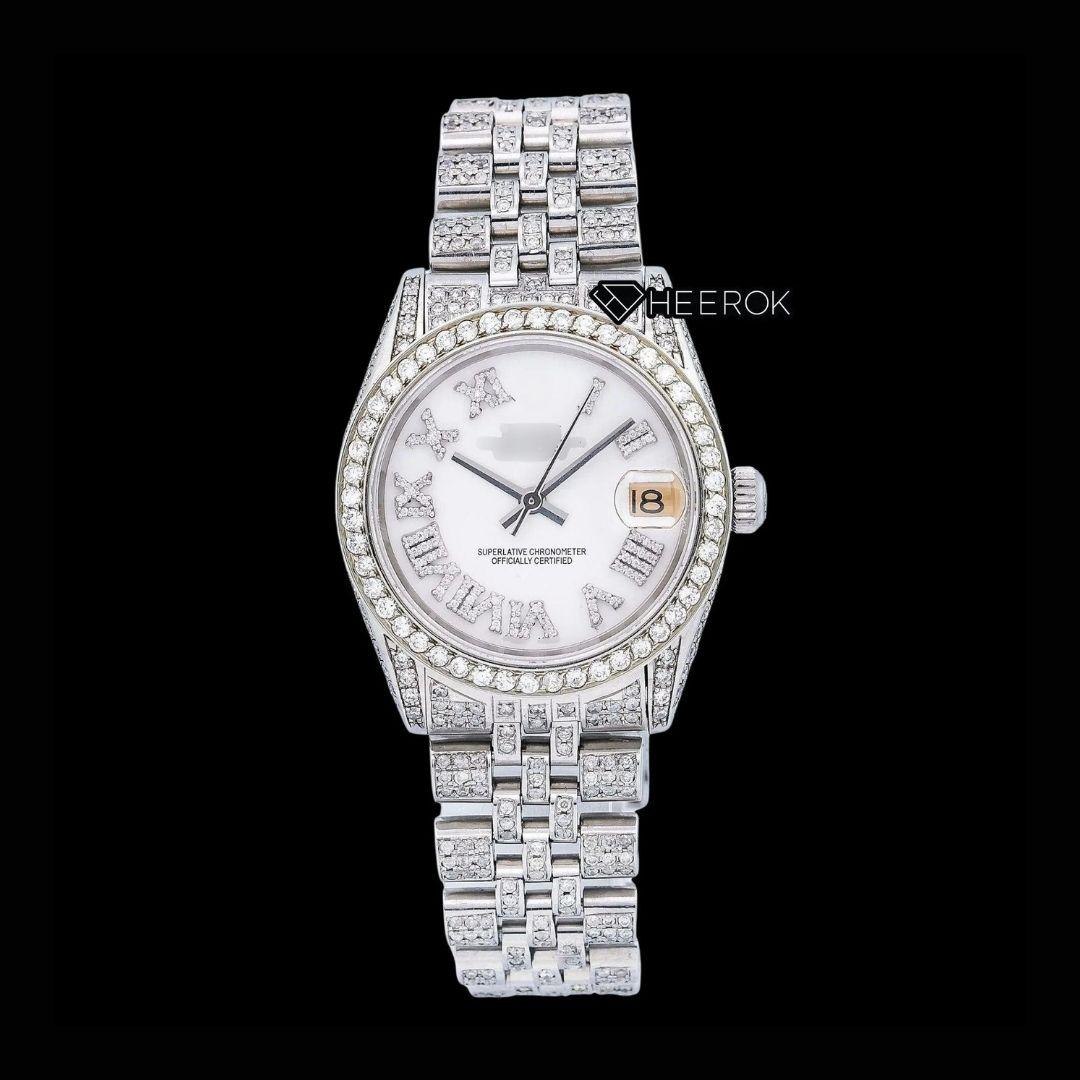Rolex Datejust Roman Diamond Numerals Dial Diamond Bezel Fully Iced Moissanite Diamond Jubilee Bracelet For Women