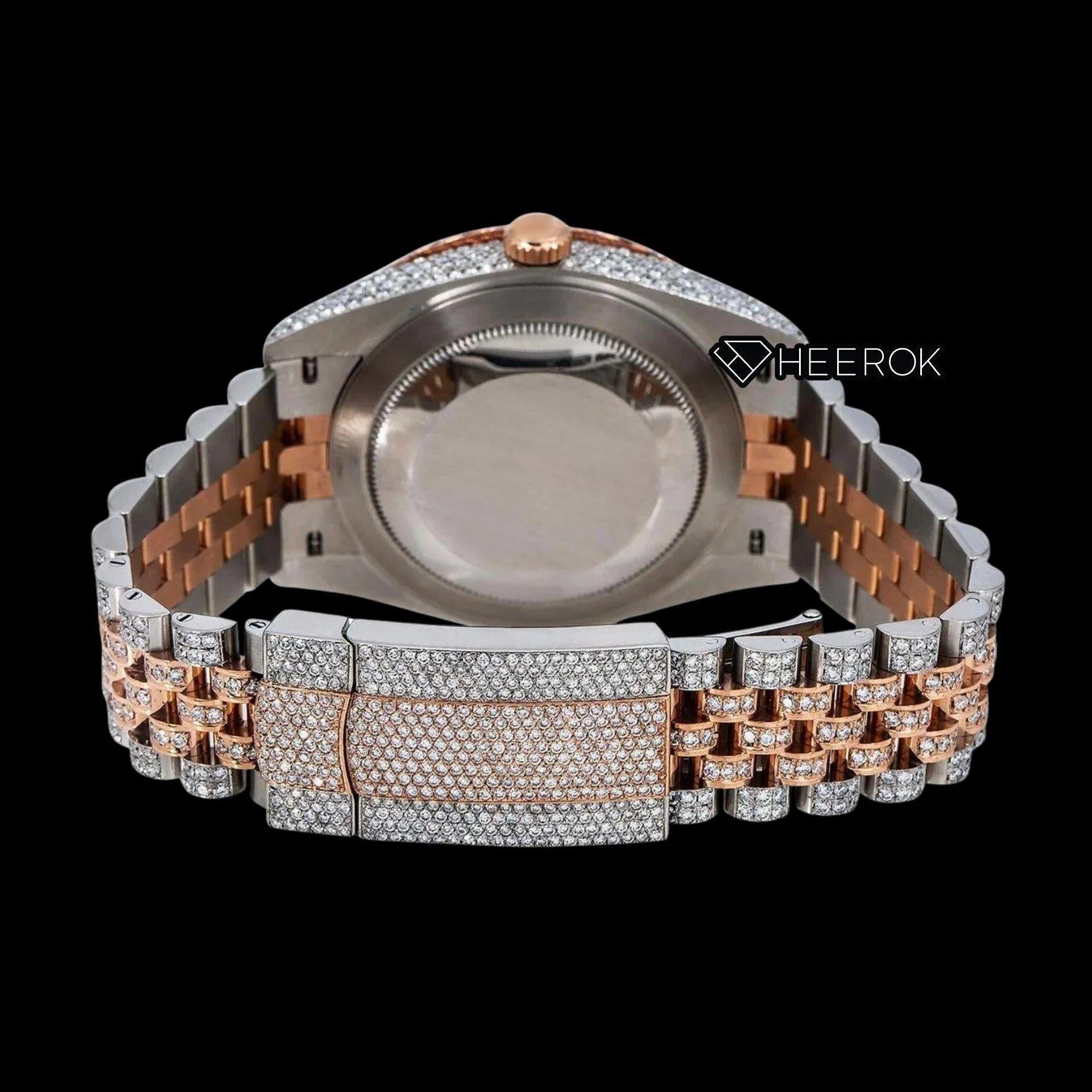 Rolex Datejust Rose Gold Diamond Paved Dial Arabic Numerals Diamond Bezel Two Tone Rose Gold Fully Iced Moissanite Diamond Jubilee Bracelet