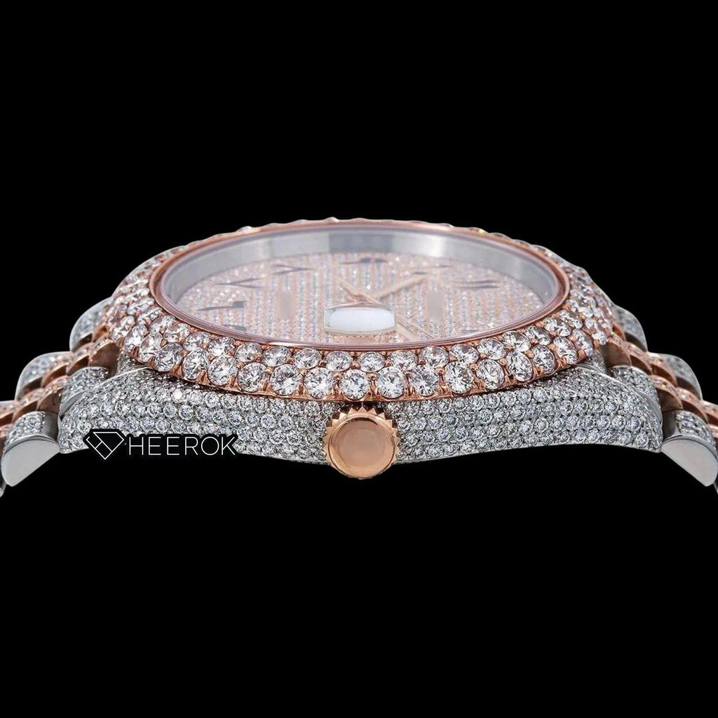Rolex Datejust Rose Gold Diamond Paved Dial Arabic Numerals Diamond Bezel Two Tone Rose Gold Fully Iced Moissanite Diamond Jubilee Bracelet