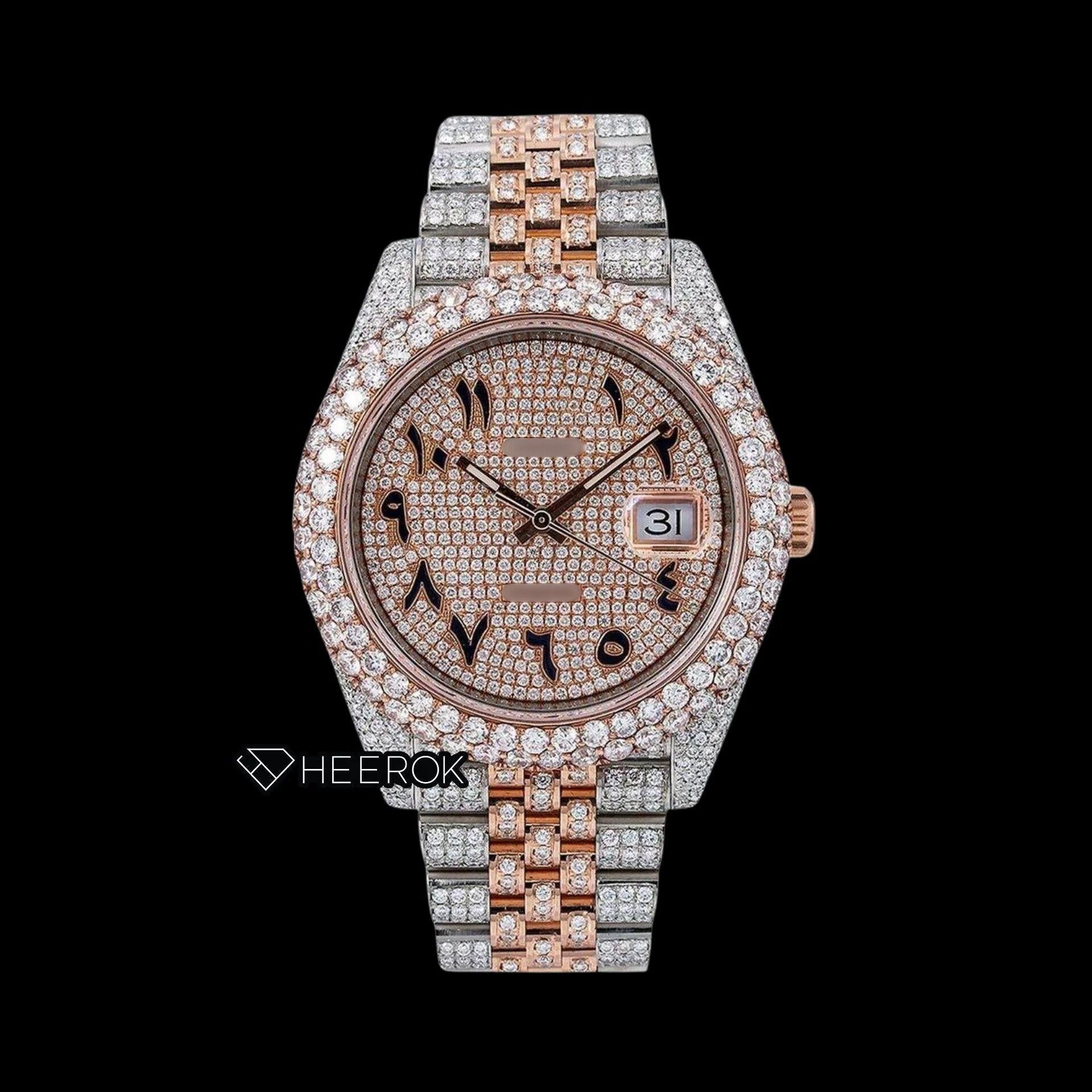 Rolex Datejust Rose Gold Diamond Paved Dial Arabic Numerals Diamond Bezel Two Tone Rose Gold Fully Iced Moissanite Diamond Jubilee Bracelet