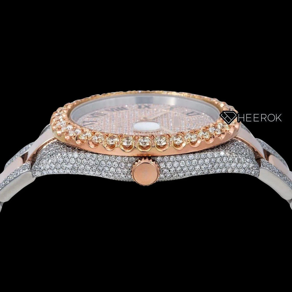 Rolex Datejust Rose Gold Full Paved Dial Roman Numerals Diamond Bezel Two Tone Rose Gold Semi Iced Moissanite Diamond Oyster Bracelet