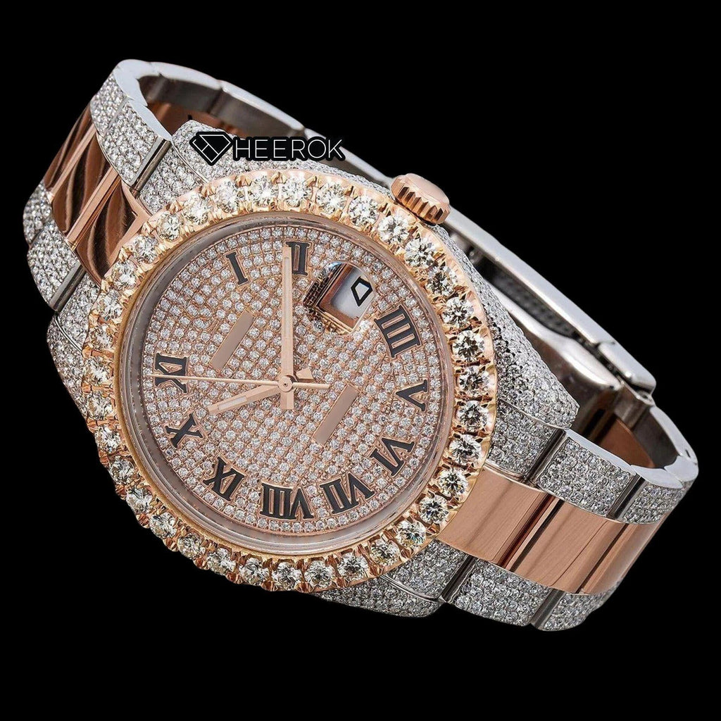 Rolex Datejust Rose Gold Full Paved Dial Roman Numerals Diamond Bezel Two Tone Rose Gold Semi Iced Moissanite Diamond Oyster Bracelet