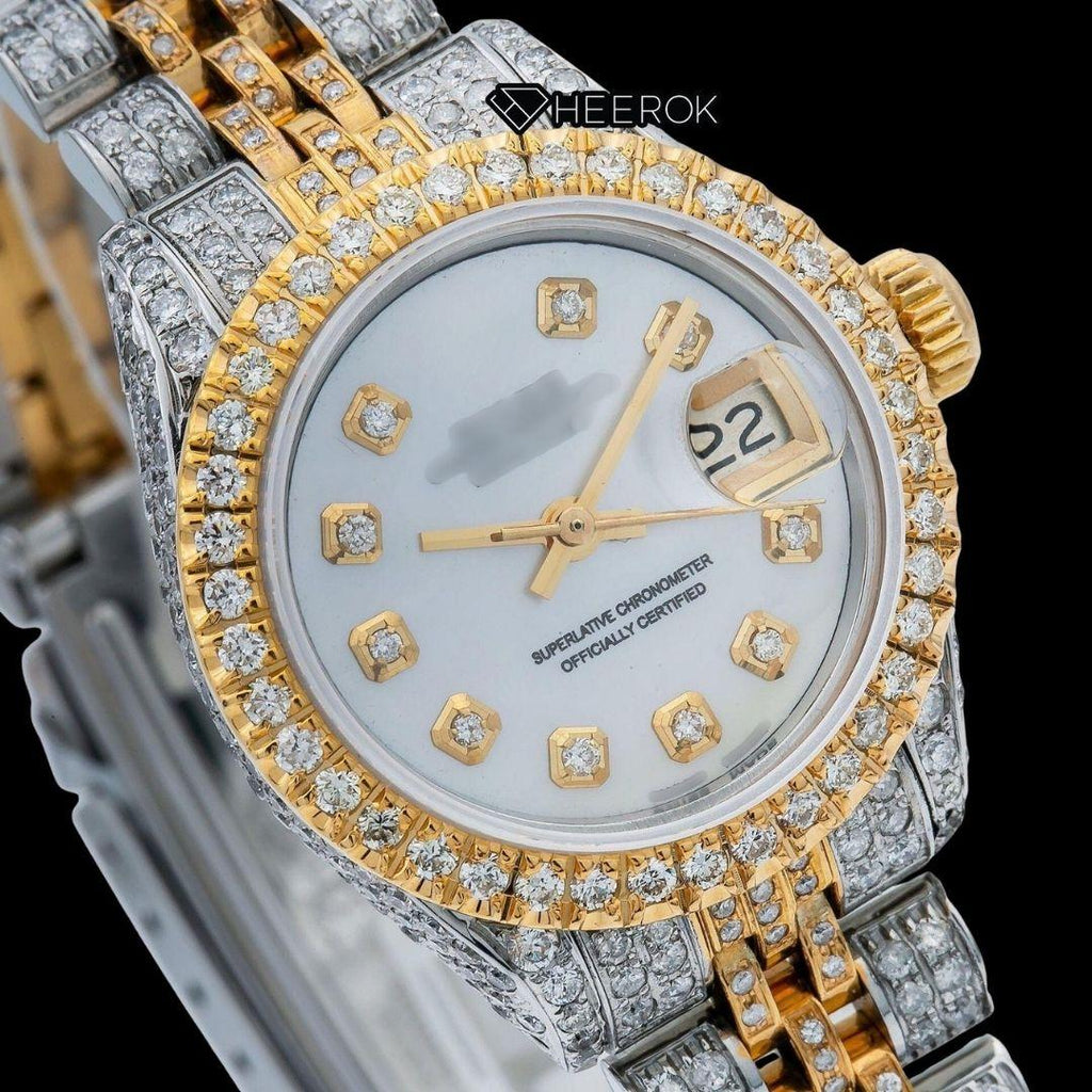 Rolex Datejust White Dial Diamond Markers Diamond Bezel Two Tone Yellow Gold Fully Iced Moissanite Diamond Jubilee Bracelet For Women