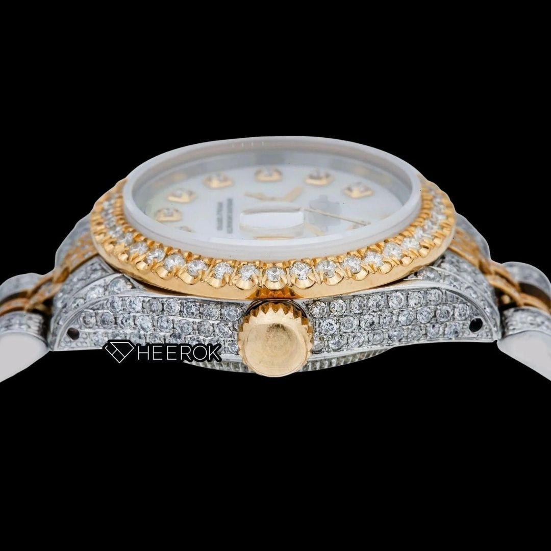 Rolex Datejust White Dial Diamond Markers Diamond Bezel Two Tone Yellow Gold Fully Iced Moissanite Diamond Jubilee Bracelet For Women