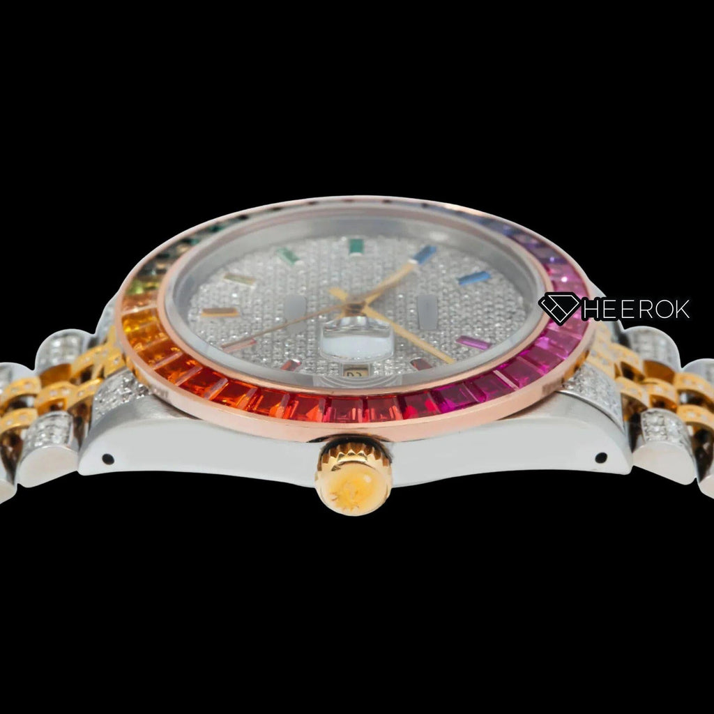 Rolex Datejust White Dial Multicolor Diamond Stick Markers Rainbow Diamond Bezel Two Tone Yellow Gold Fully Iced Moissanite Diamond Jubilee Bracelet For Women