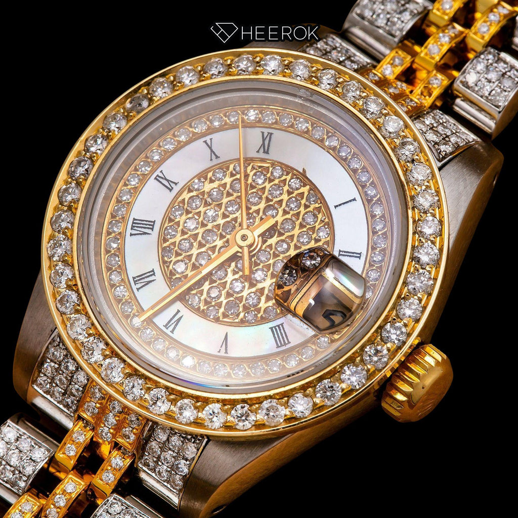 Rolex Datejust White Dial Roman Numerals Inner Pave Diamond Bezel Two Tone Yellow Gold Moissanite Diamond Jubilee Bracelet For Women
