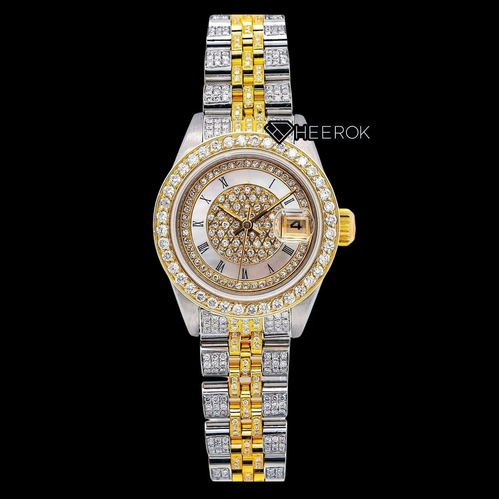Rolex Datejust White Dial Roman Numerals Inner Pave Diamond Bezel Two Tone Yellow Gold Moissanite Diamond Jubilee Bracelet For Women