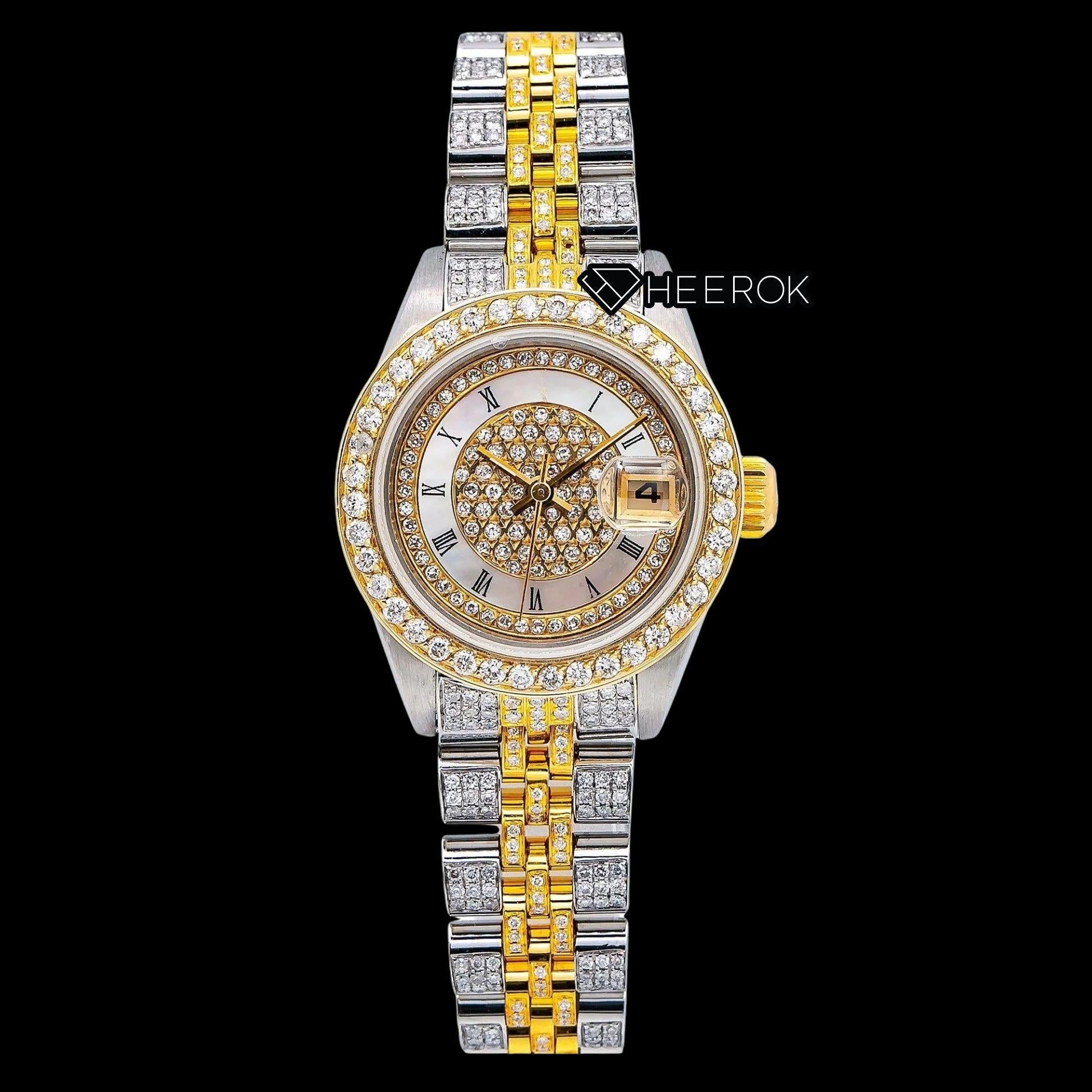 Rolex Datejust White Dial Roman Numerals Inner Pave Diamond Bezel Two Tone Yellow Gold Moissanite Diamond Jubilee Bracelet For Women