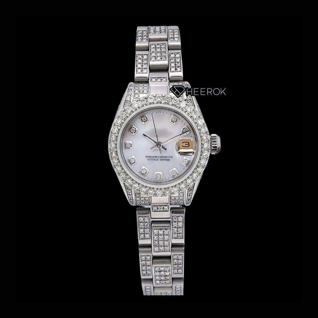 Rolex Datejust White Mother of Pearl Dial Diamond Markers Diamond Bezel Moissanite Diamond Oyster Bracelet For Women
