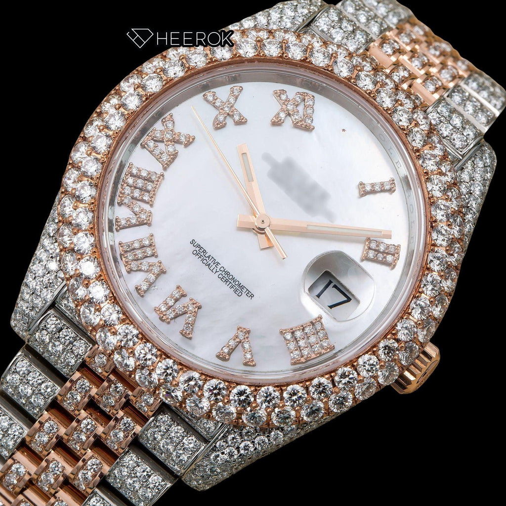 Rolex Datejust White Mother of Pearl Dial Roman Numerals Diamond Bezel Two Tone Rose Gold Moissanite Diamond Jubilee Bracelet