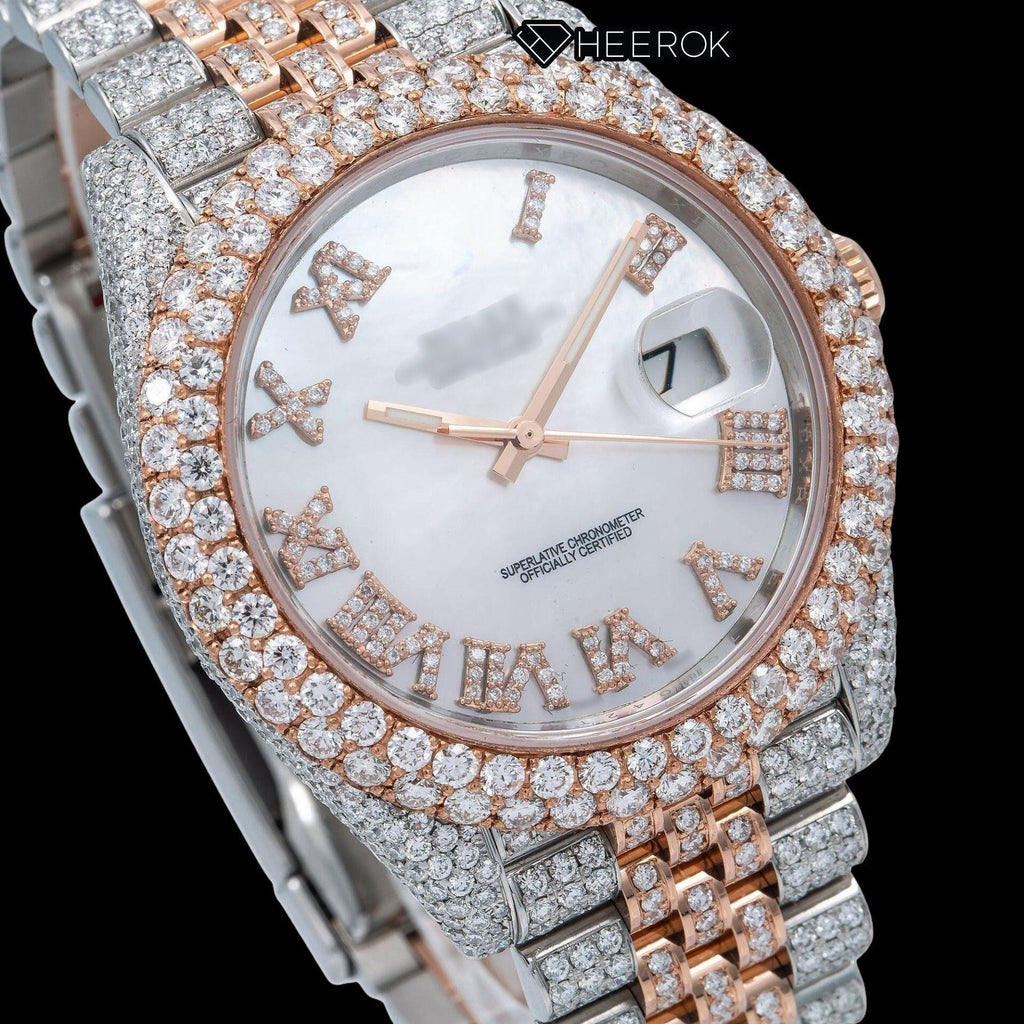 Rolex Datejust White Mother of Pearl Dial Roman Numerals Diamond Bezel Two Tone Rose Gold Moissanite Diamond Jubilee Bracelet