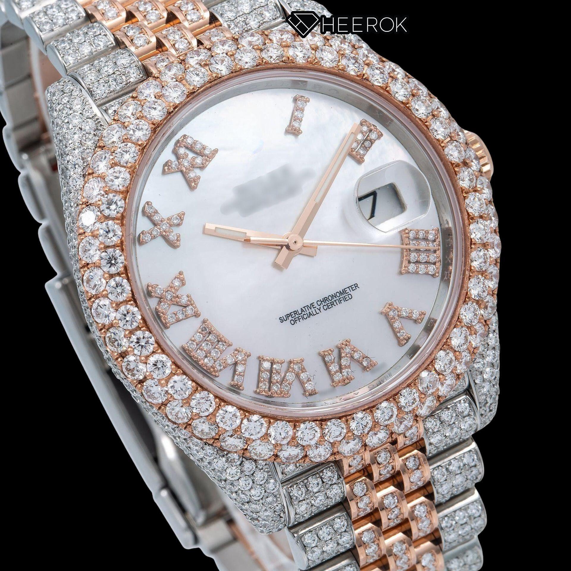 Rolex Datejust White Mother of Pearl Dial Roman Numerals Diamond Bezel Two Tone Rose Gold Moissanite Diamond Jubilee Bracelet