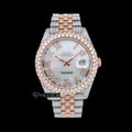 Rolex Datejust White Mother of Pearl Dial Roman Numerals Diamond Bezel Two Tone Rose Gold Moissanite Diamond Jubilee Bracelet