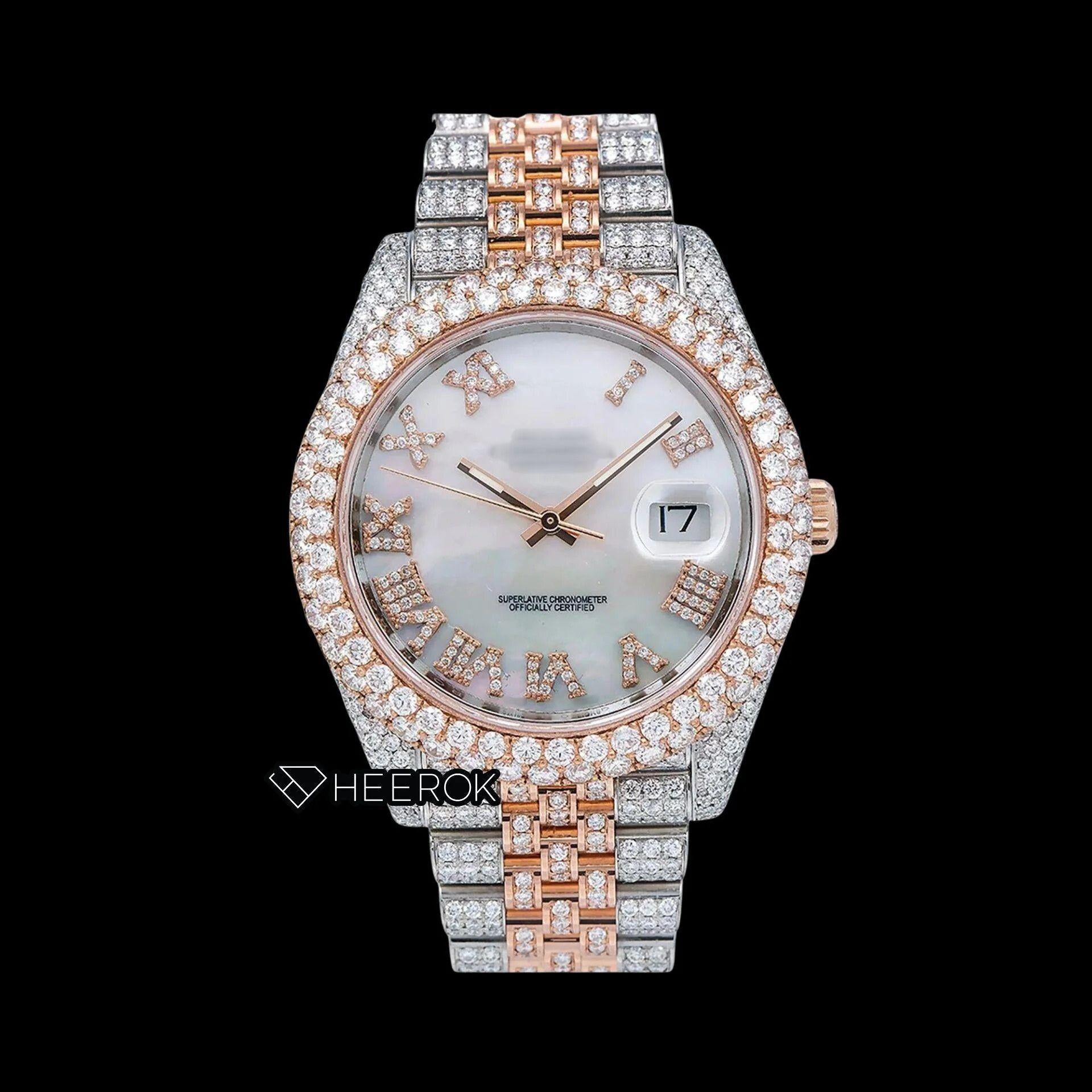 Rolex Datejust White Mother of Pearl Dial Roman Numerals Diamond Bezel Two Tone Rose Gold Moissanite Diamond Jubilee Bracelet