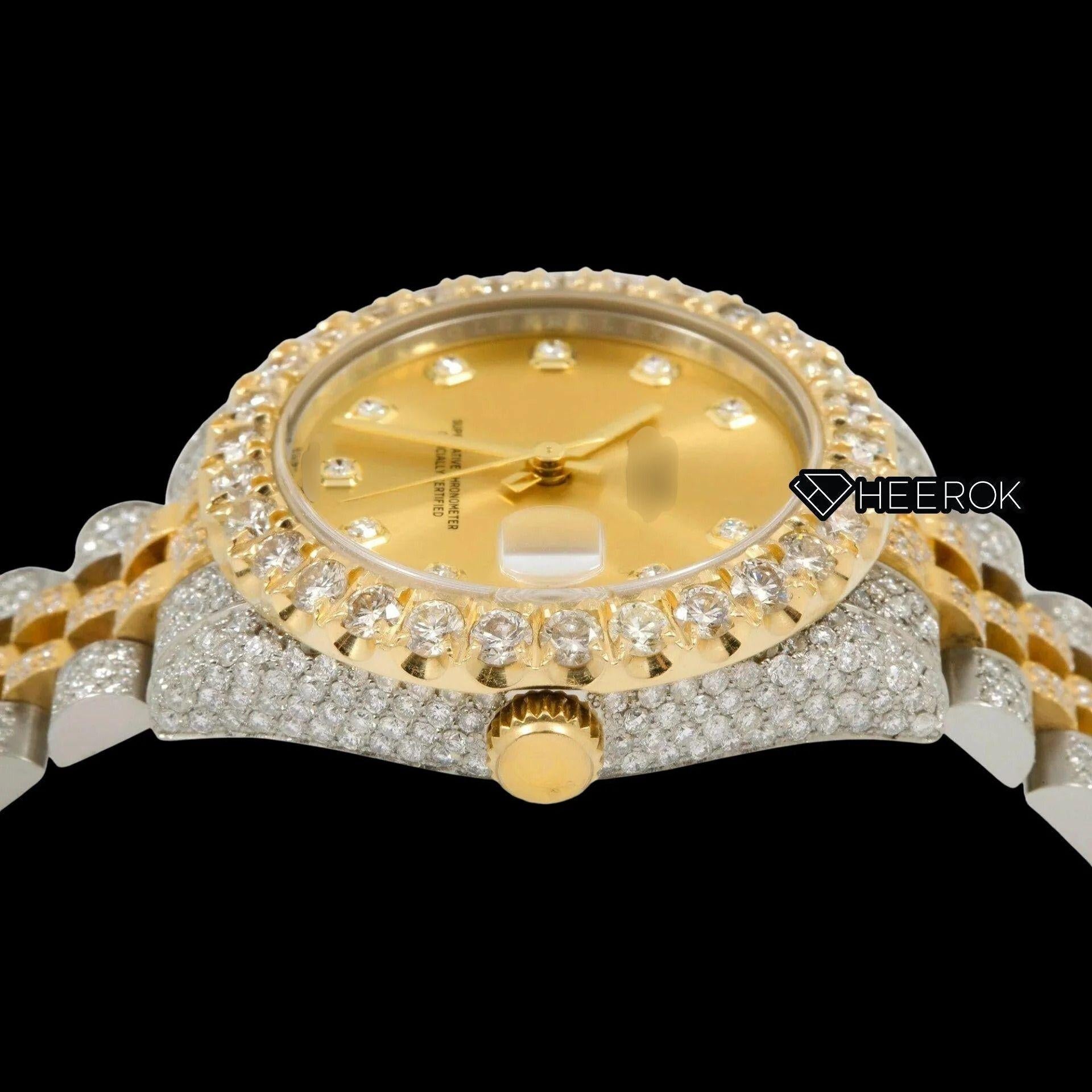 Rolex Datejust Yellow Dial Diamond Markers Diamond Bezel Two Tone Yellow Gold Iced Out Moissanite Diamond Jubilee Bracelet For Women