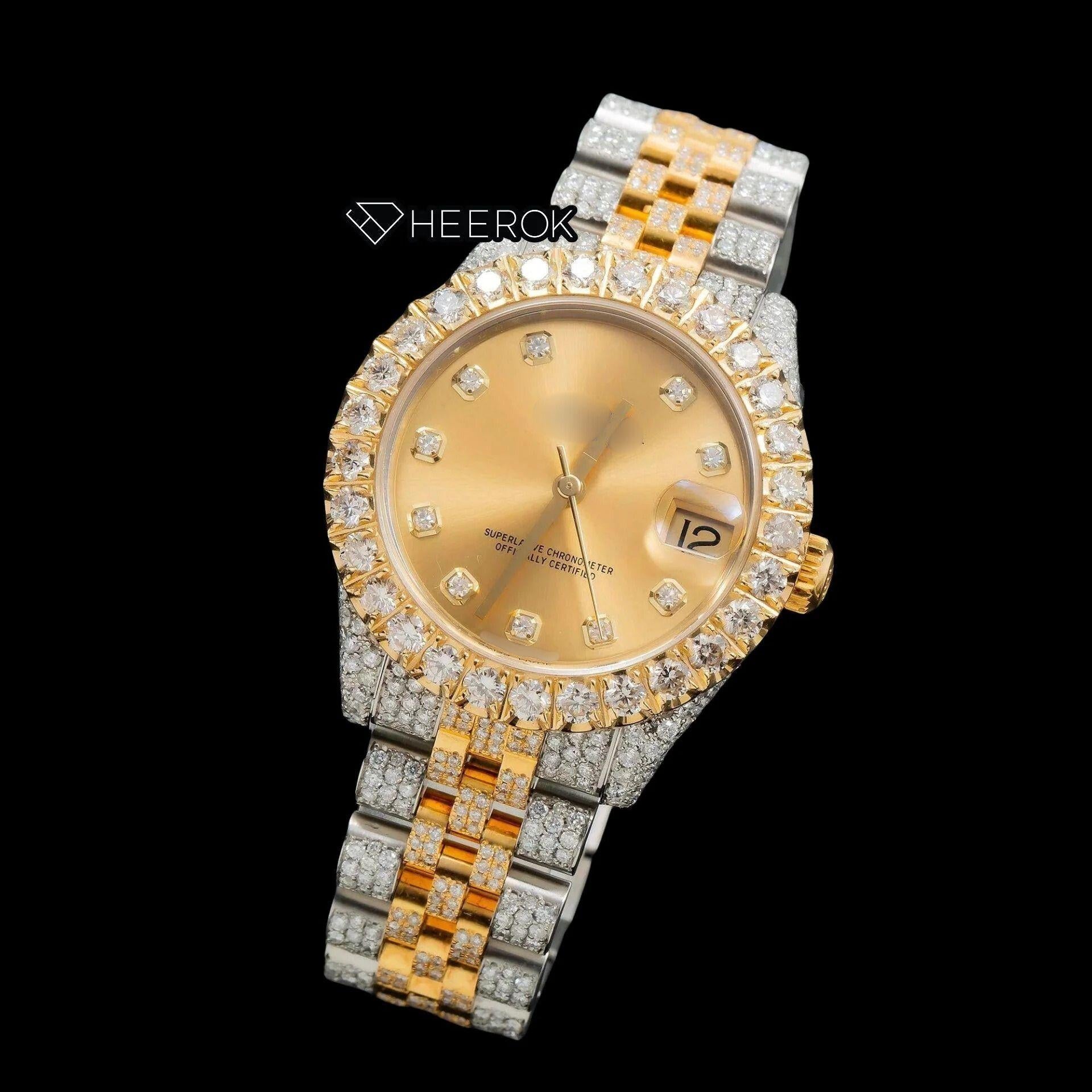 Rolex Datejust Yellow Dial Diamond Markers Diamond Bezel Two Tone Yellow Gold Iced Out Moissanite Diamond Jubilee Bracelet For Women
