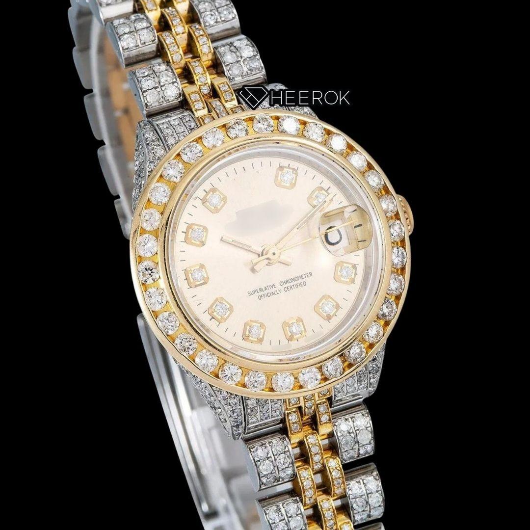 Rolex Datejust Yellow Dial Diamond Markers Diamond Bezel Two Tone Yellow Gold Moissanite Diamond Jubilee Bracelet For Women
