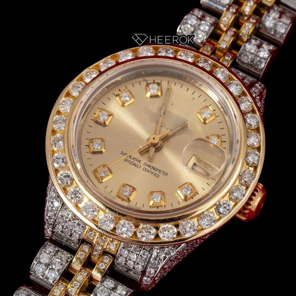 Rolex Datejust Yellow Dial Diamond Markers Diamond Bezel Two Tone Yellow Gold Moissanite Diamond Jubilee Bracelet For Women