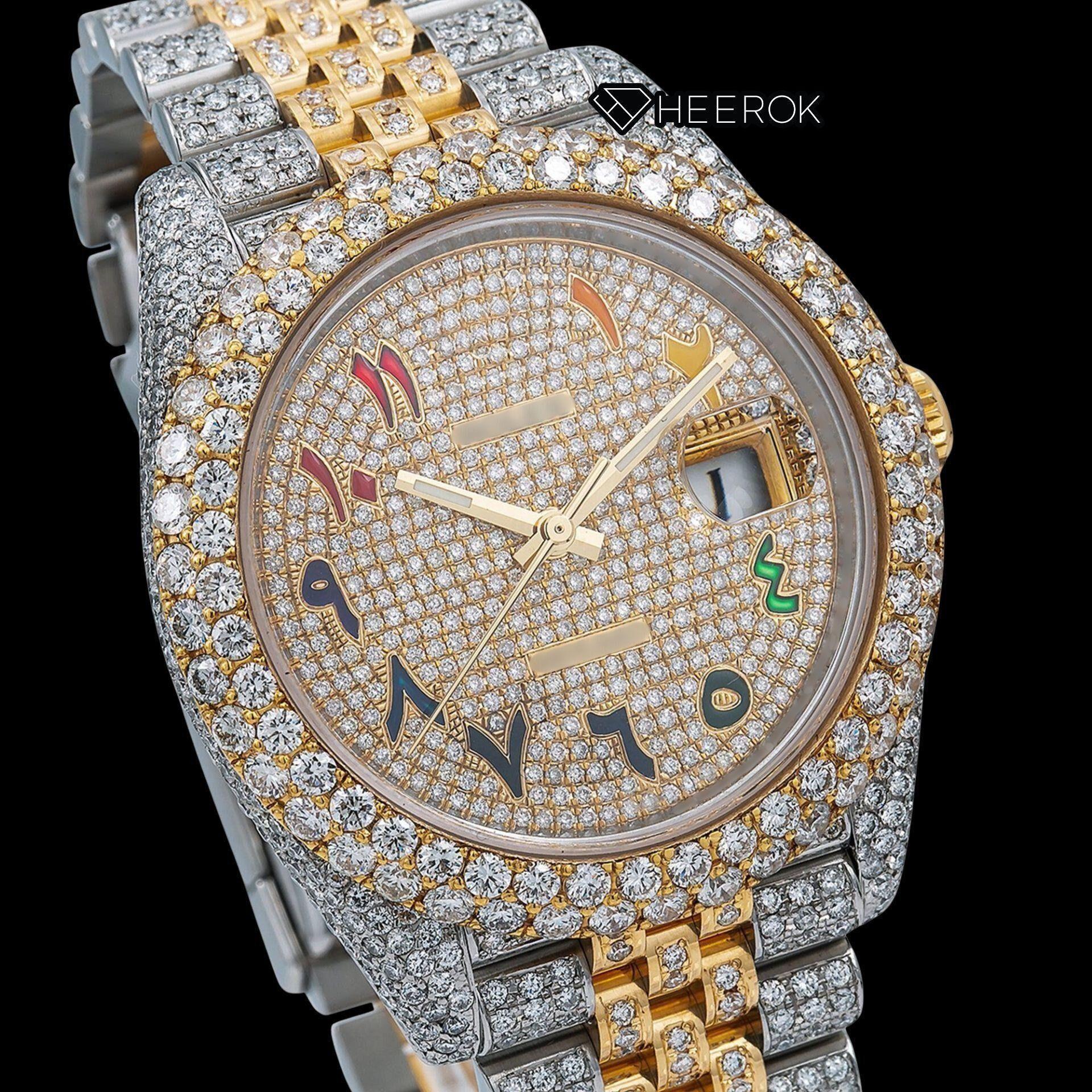 Rolex Datejust Yellow Dial Rainbow Arabic Numerals Diamond Bezel Two Tone Yellow Gold Fully Iced Out Moissanite Diamond Jubilee Bracelet
