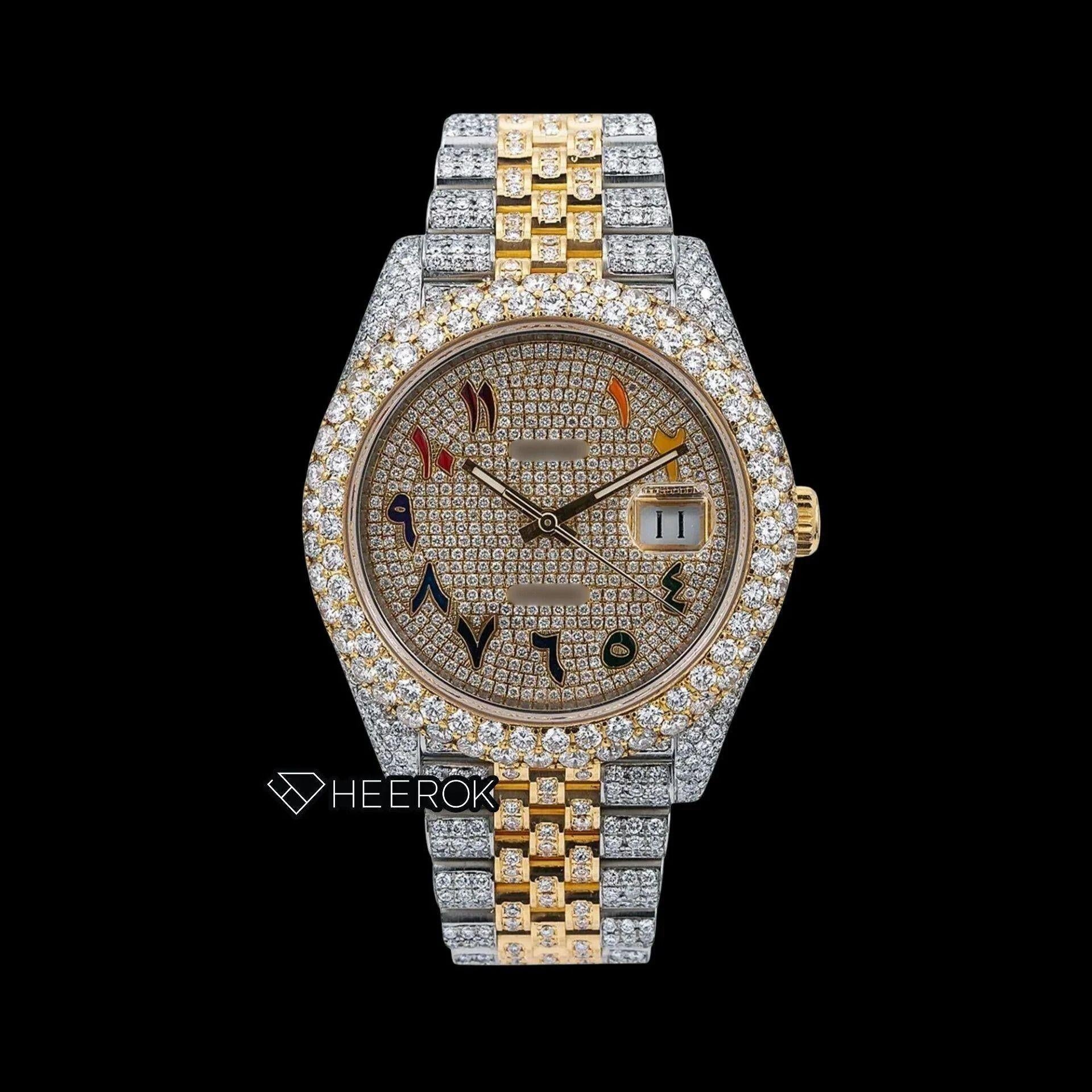 Rolex Datejust Yellow Dial Rainbow Arabic Numerals Diamond Bezel Two Tone Yellow Gold Fully Iced Out Moissanite Diamond Jubilee Bracelet