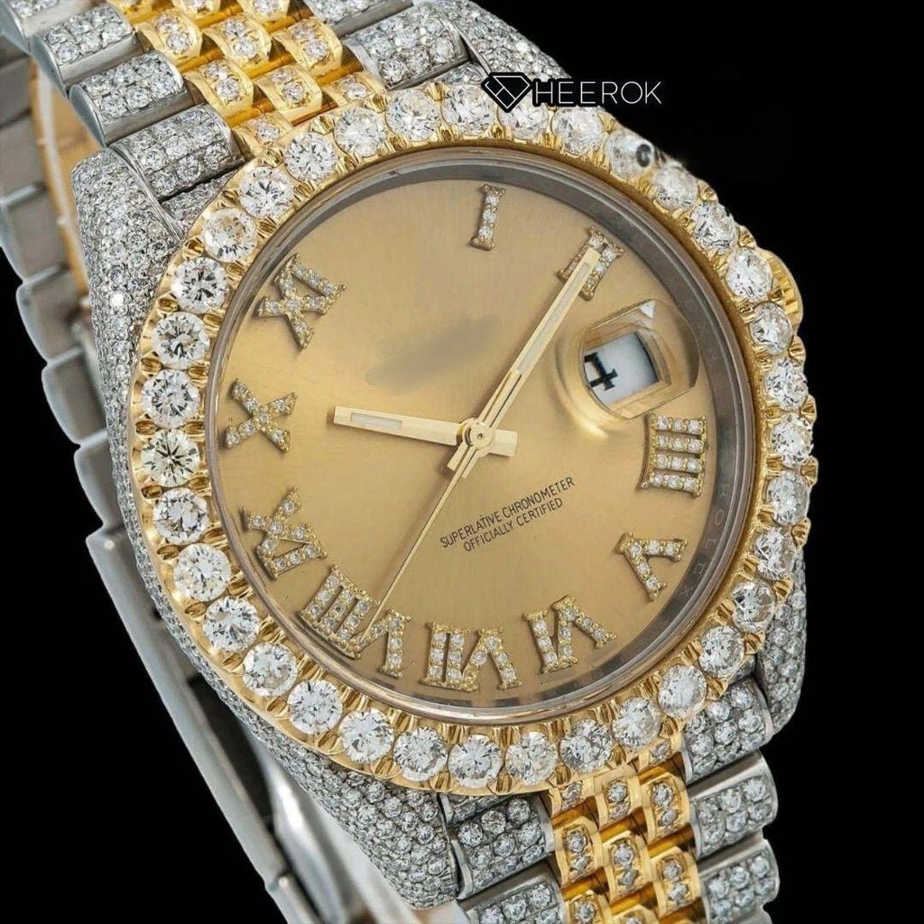 Rolex Datejust Yellow Dial Roman Diamond Markers Diamond Bezel Two Tone Yellow Gold Moissanite Diamond Jubilee Bracelet For Women