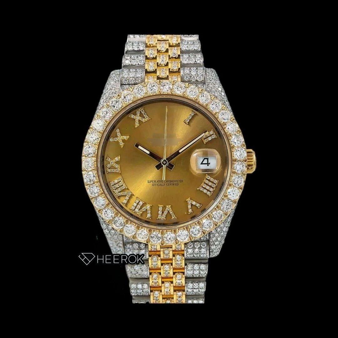 Rolex Datejust Yellow Dial Roman Diamond Markers Diamond Bezel Two Tone Yellow Gold Moissanite Diamond Jubilee Bracelet For Women