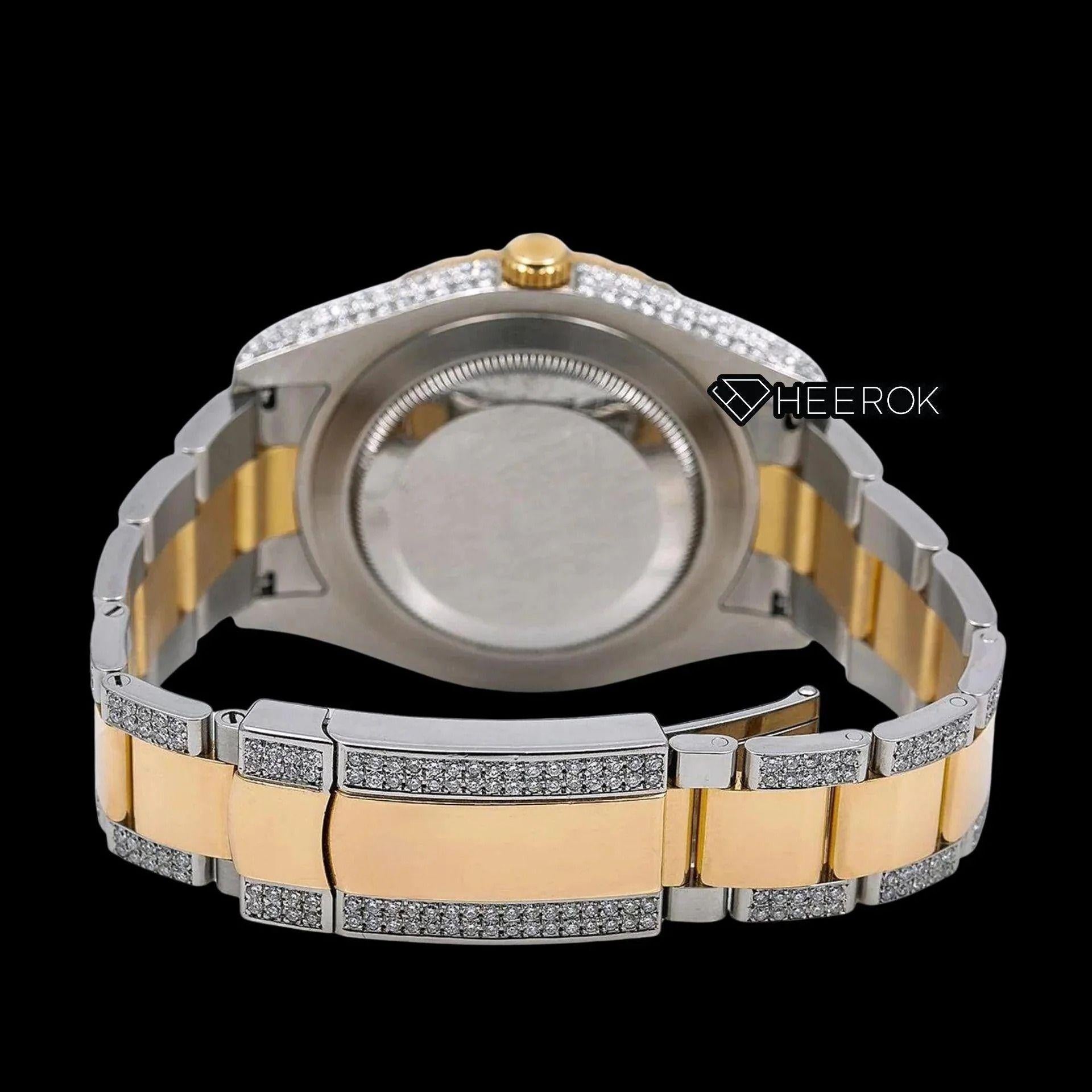 Rolex Datejust Diamond Paved Dial Red Roman Numerals Diamond Bezel Two Tone Yellow Gold Semi Iced Moissanite Diamond Oyster Bracelet
