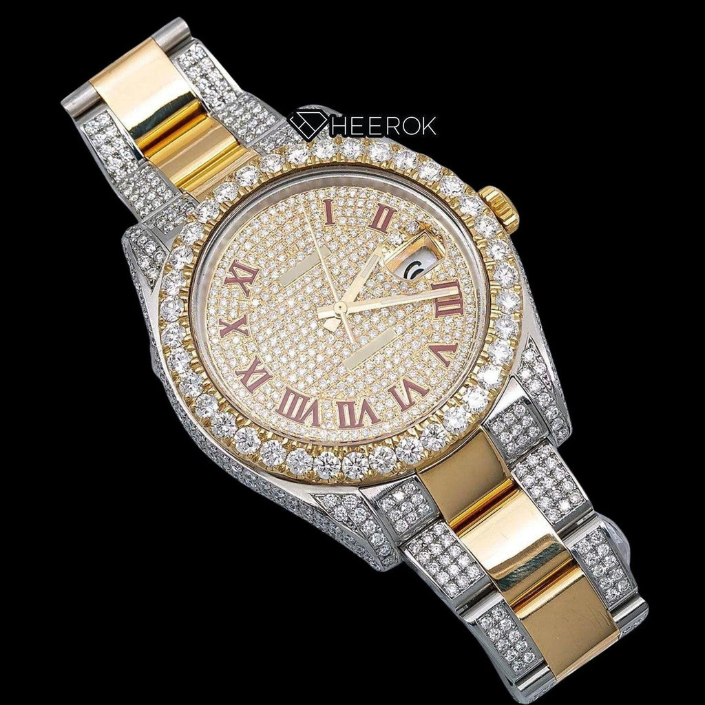 Rolex Datejust Diamond Paved Dial Red Roman Numerals Diamond Bezel Two Tone Yellow Gold Semi Iced Moissanite Diamond Oyster Bracelet