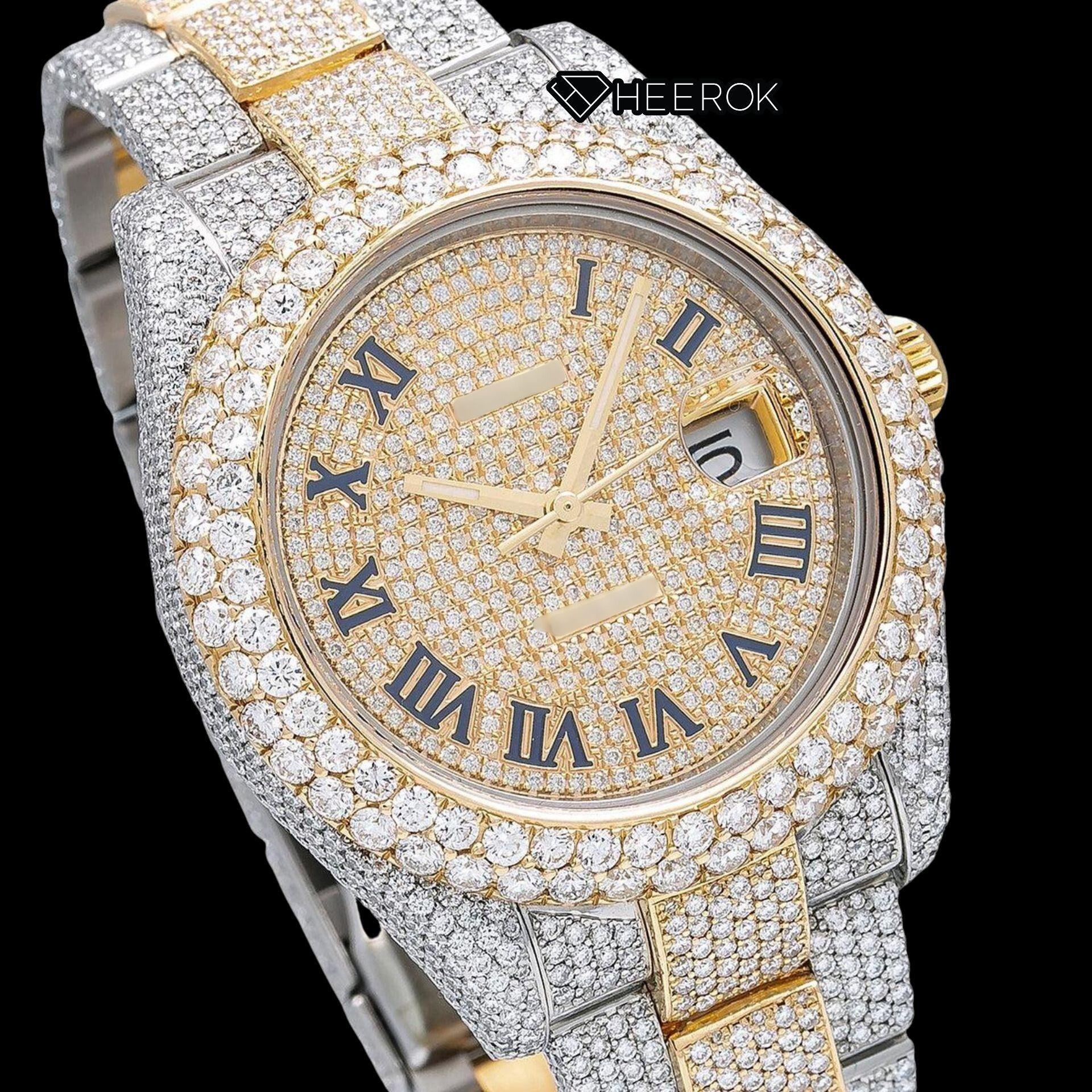 Rolex Datejust Yellow Gold Dial Roman Numerals Diamond Bezel Two Tone Yellow Gold Fully Iced Moissanite Diamond Oyster Bracelet