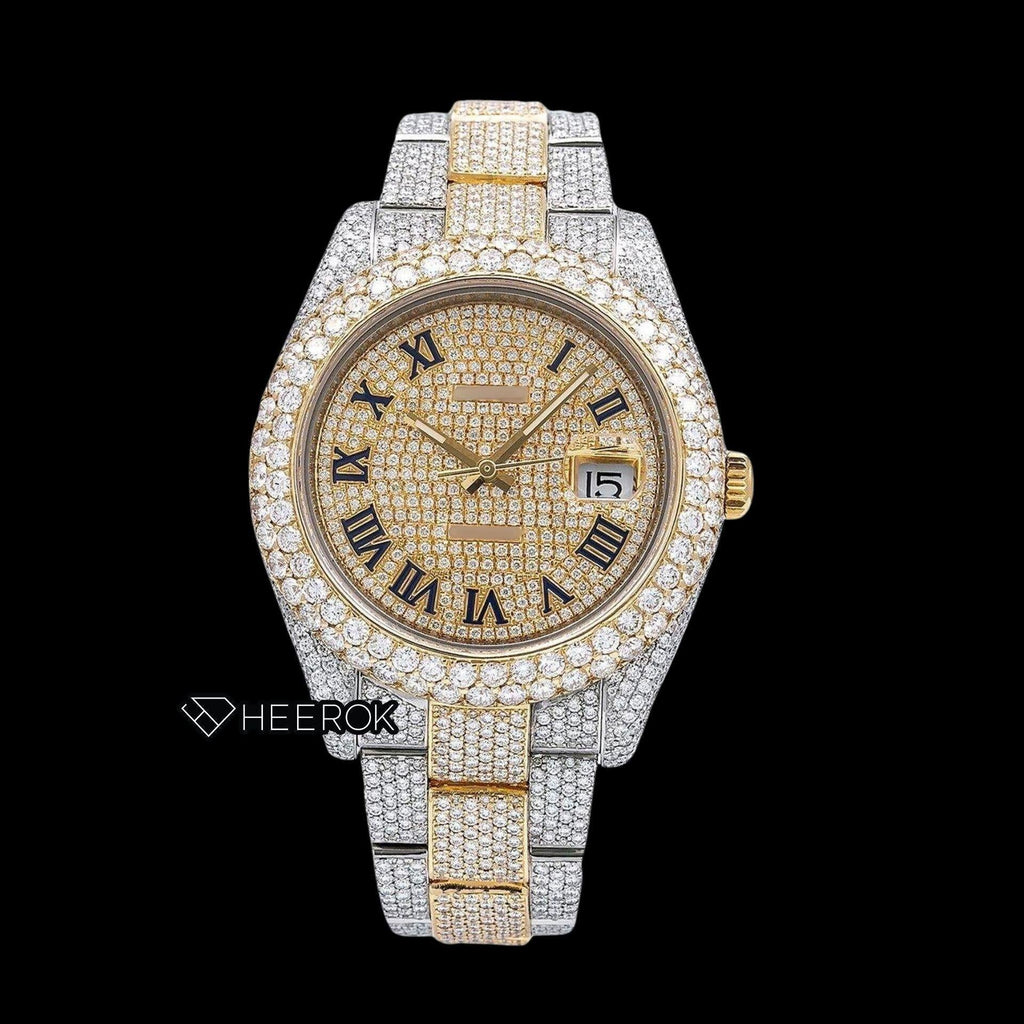 Rolex Datejust Yellow Gold Dial Roman Numerals Diamond Bezel Two Tone Yellow Gold Fully Iced Moissanite Diamond Oyster Bracelet