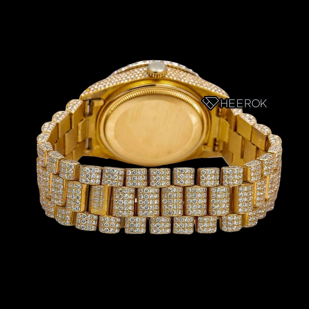Rolex Day-Date Black Dial Roman Diamond Numerals Diamond Bezel Yellow Gold Fully Iced Moissanite Diamond President Bracelet For Women