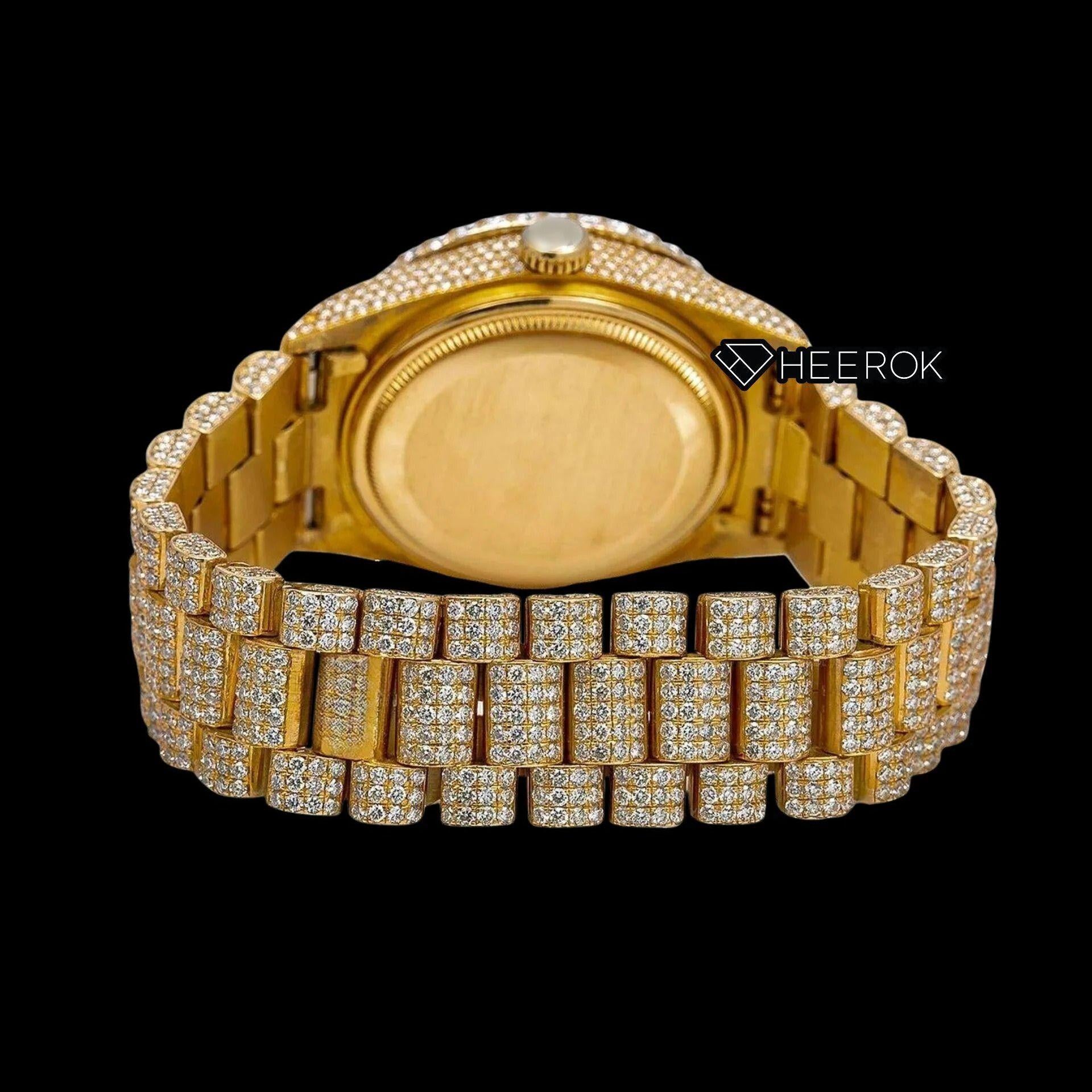 Rolex Day-Date Black Dial Roman Diamond Numerals Diamond Bezel Yellow Gold Fully Iced Moissanite Diamond President Bracelet For Women