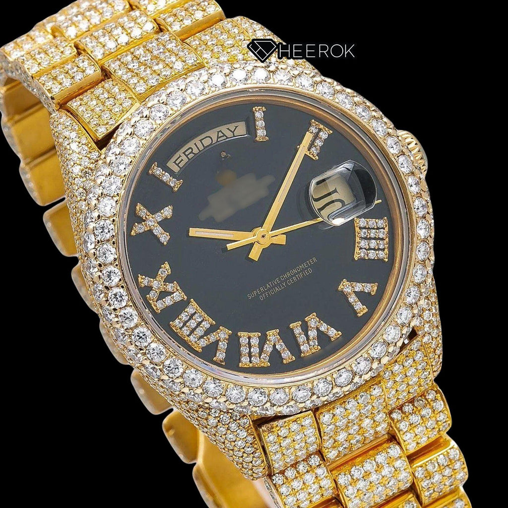 Rolex Day-Date Black Dial Roman Diamond Numerals Diamond Bezel Yellow Gold Fully Iced Moissanite Diamond President Bracelet For Women