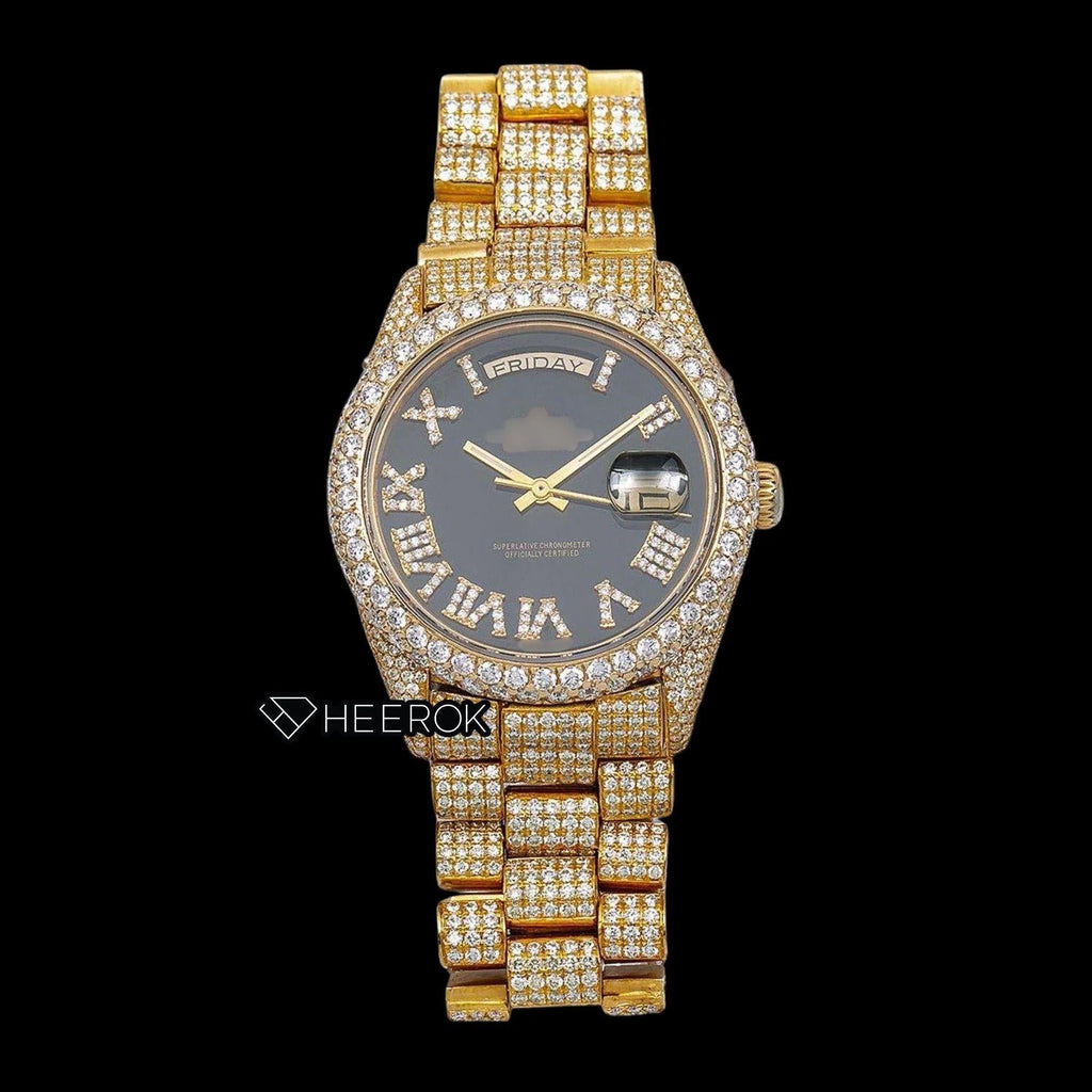 Rolex Day-Date Black Dial Roman Diamond Numerals Diamond Bezel Yellow Gold Fully Iced Moissanite Diamond President Bracelet For Women