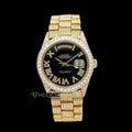Rolex Day-Date Black Dial Roman Diamond Numerals Diamond Bezel Yellow Gold Fully Iced Moissanite Diamond President Bracelet For Women