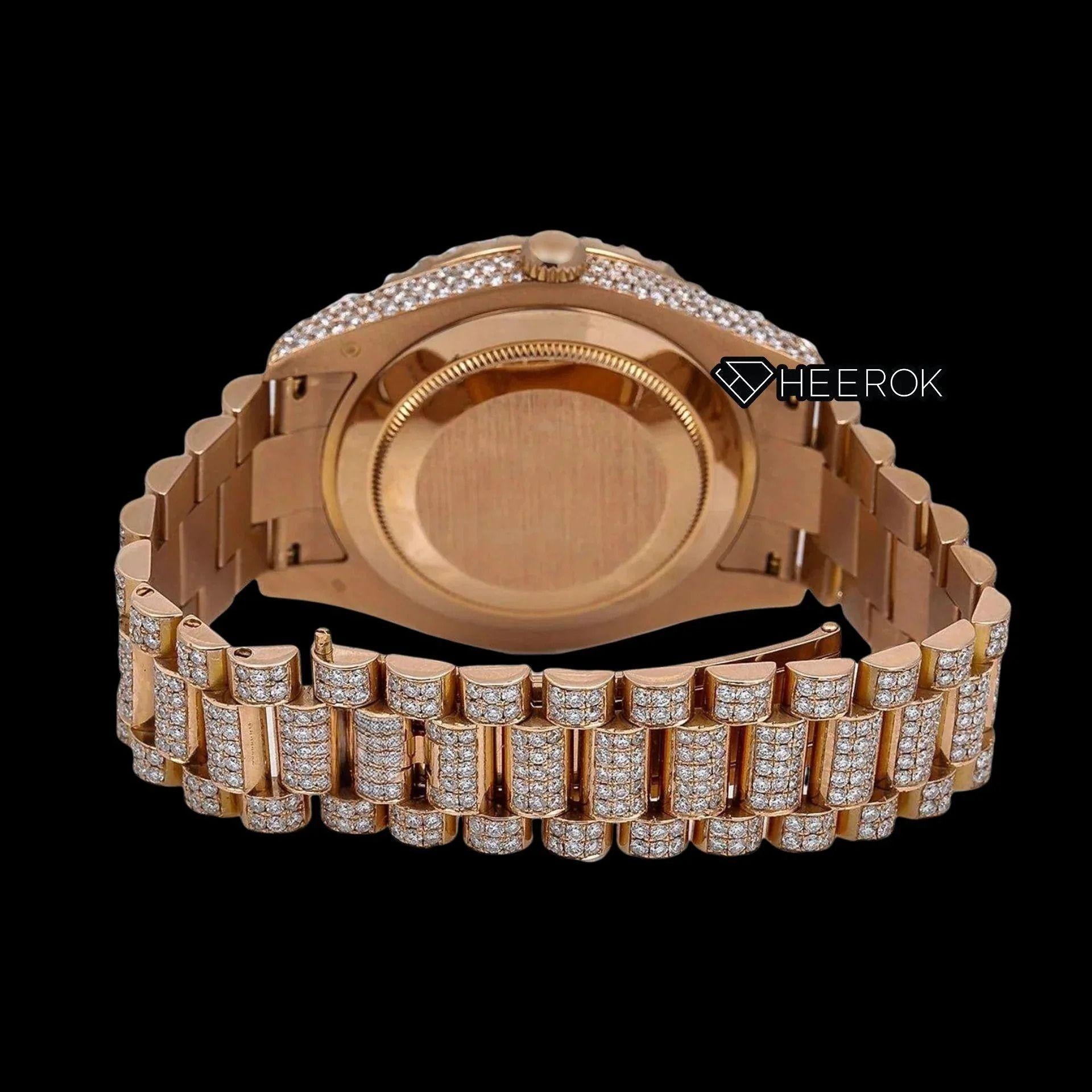 Rolex Day-Date Black Dial Roman Diamond Numerals Large Round Diamond Bezel Fully Iced Rose Gold Moissanite Diamond President Bracelet