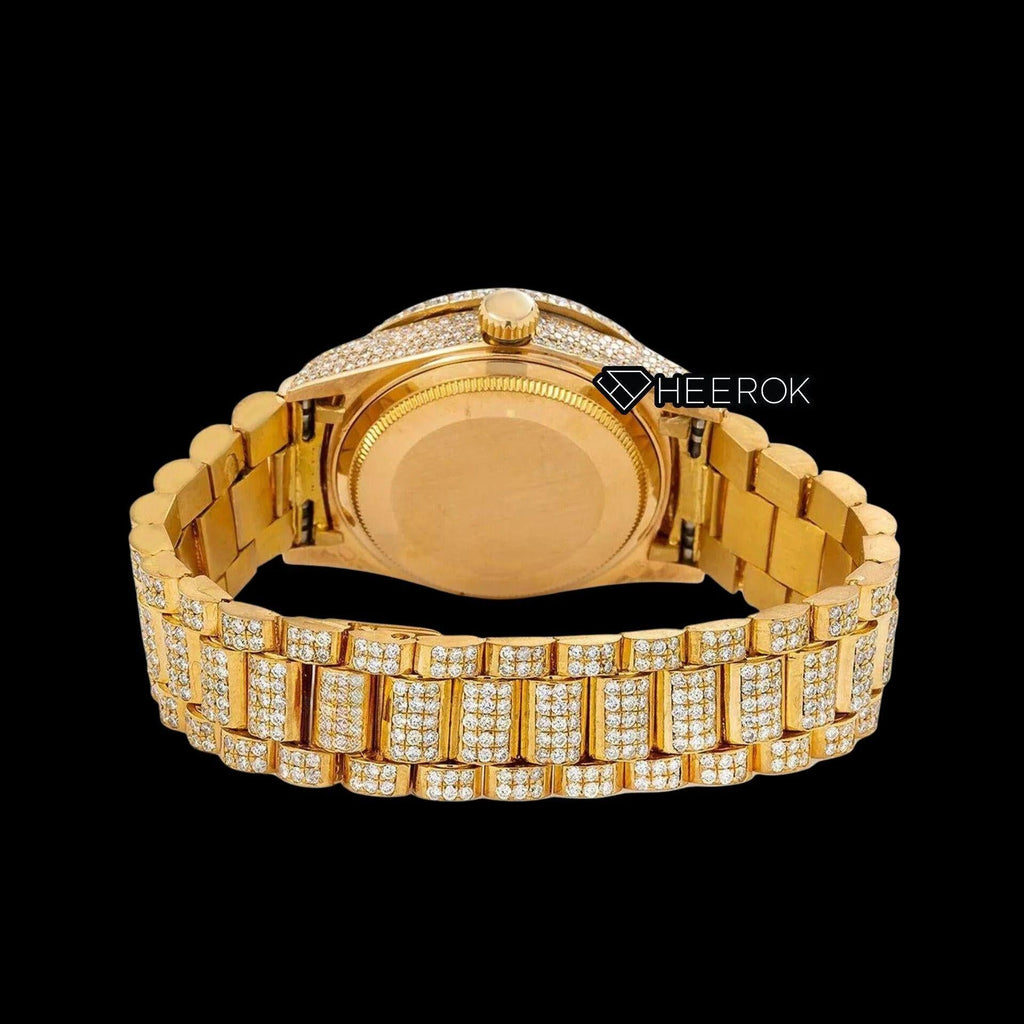 Rolex Day-Date Diamond Paved Yellow Dial Arabic Numerals Diamond Bezel Yellow Gold Fully Iced Moissanite Diamond President Bracelet For Women