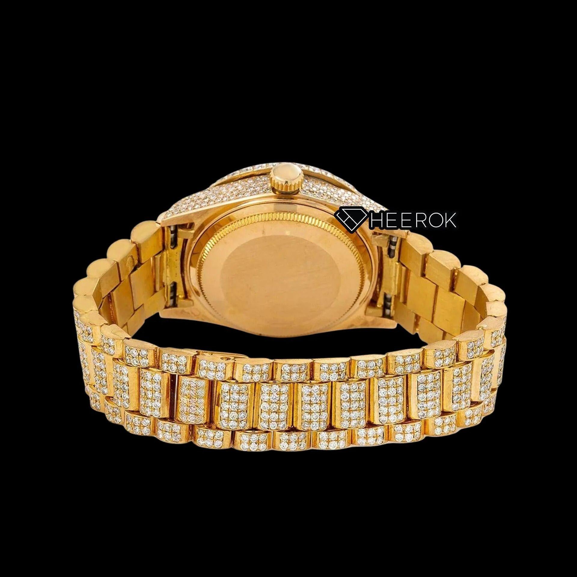 Rolex Day-Date Diamond Paved Yellow Dial Arabic Numerals Diamond Bezel Yellow Gold Fully Iced Moissanite Diamond President Bracelet For Women
