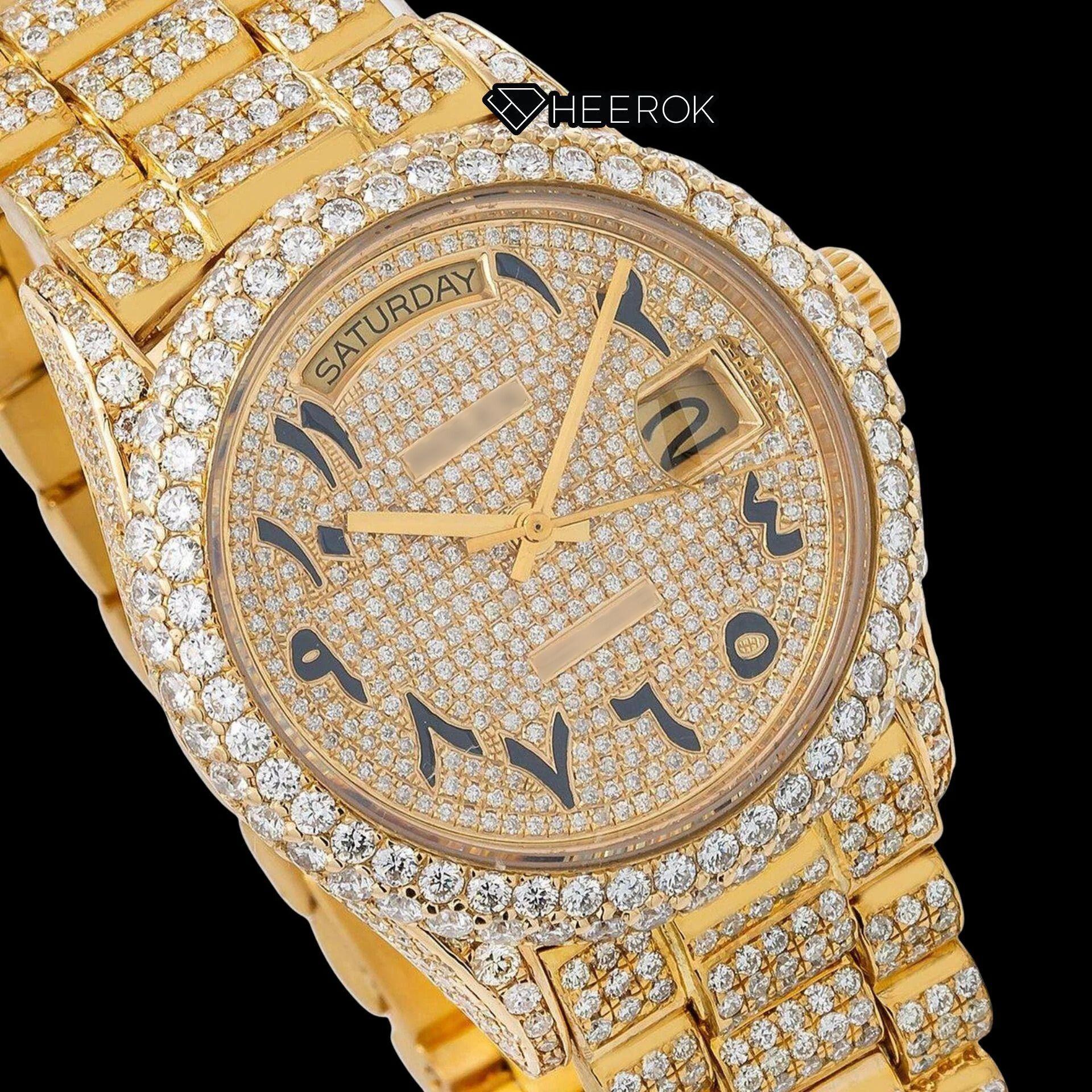 Rolex Day-Date Diamond Paved Yellow Dial Arabic Numerals Diamond Bezel Yellow Gold Fully Iced Moissanite Diamond President Bracelet For Women