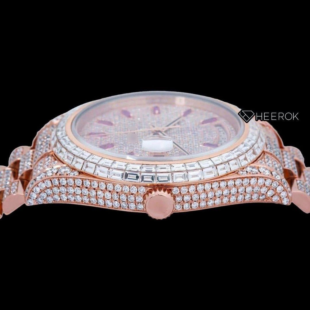 Rolex Day-Date Diamond Stick Markers Dial Baguette Diamond Bezel Rose Gold Moissanite Diamond President Bracelet For Women