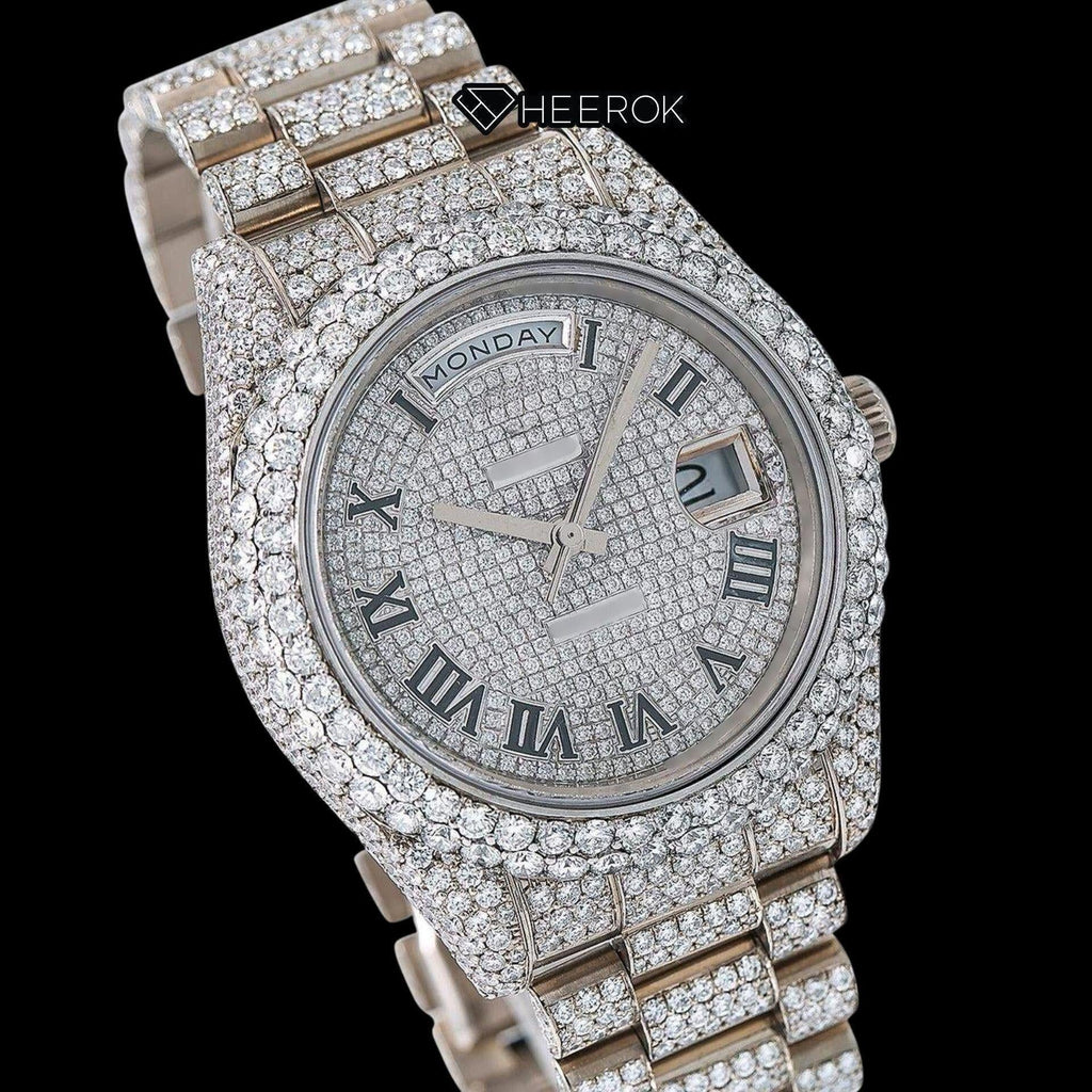Rolex Day-Date Full Diamond Paved Dial Black Roman Numerals Diamond Bezel Fully Iced Out Moissanite Diamond President Bracelet
