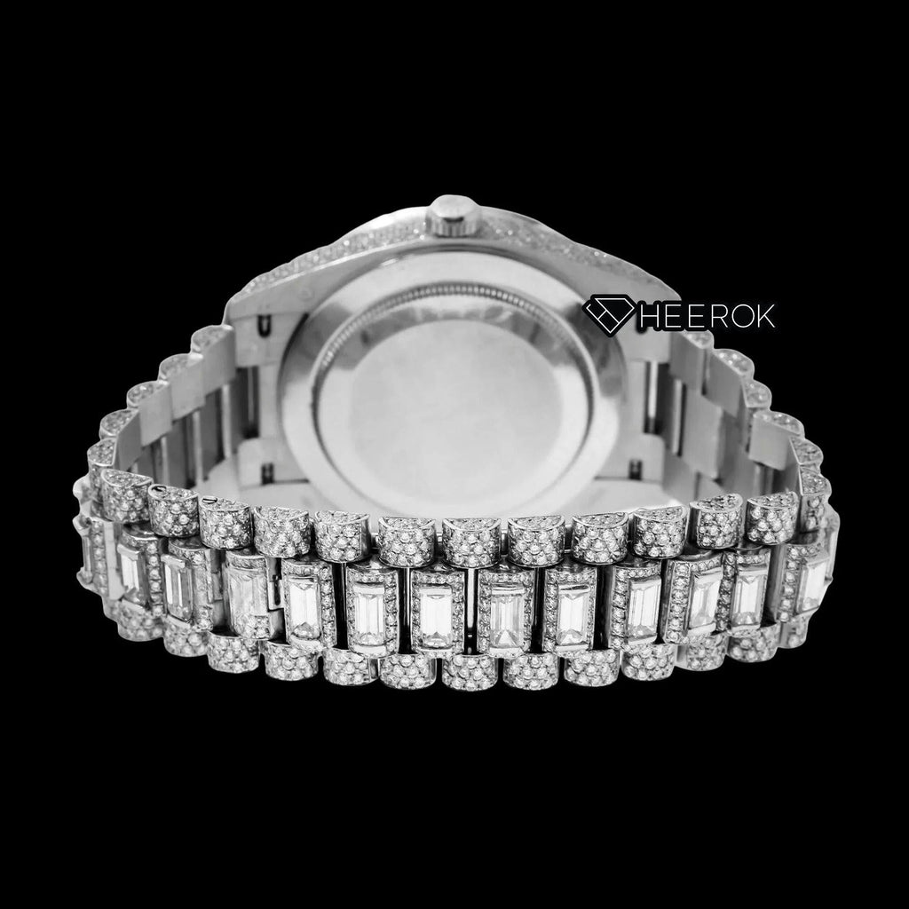Rolex Day-Date Full Paved Dial Blue Roman Numerals Baguette Diamond Bezel Fully Iced Moissanite Diamond President Bracelet Watch