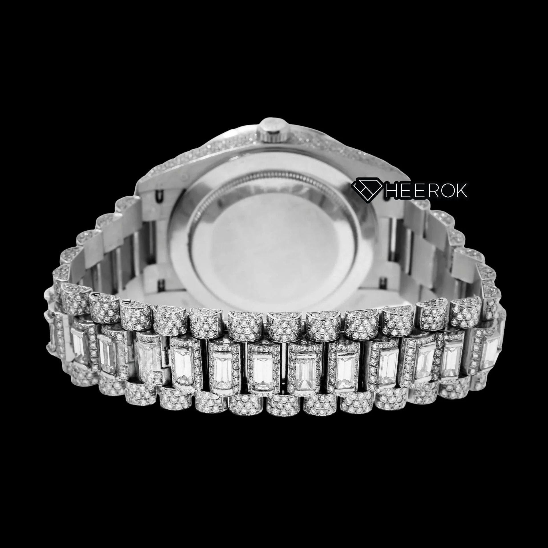 Rolex Day-Date Full Paved Dial Blue Roman Numerals Baguette Diamond Bezel Fully Iced Moissanite Diamond President Bracelet Watch