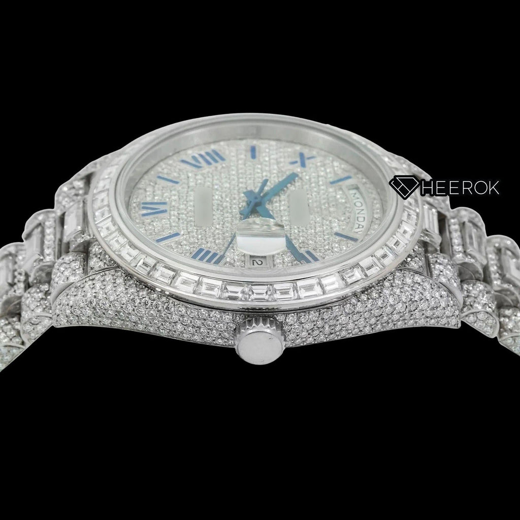 Rolex Day-Date Full Paved Dial Blue Roman Numerals Baguette Diamond Bezel Fully Iced Moissanite Diamond President Bracelet Watch