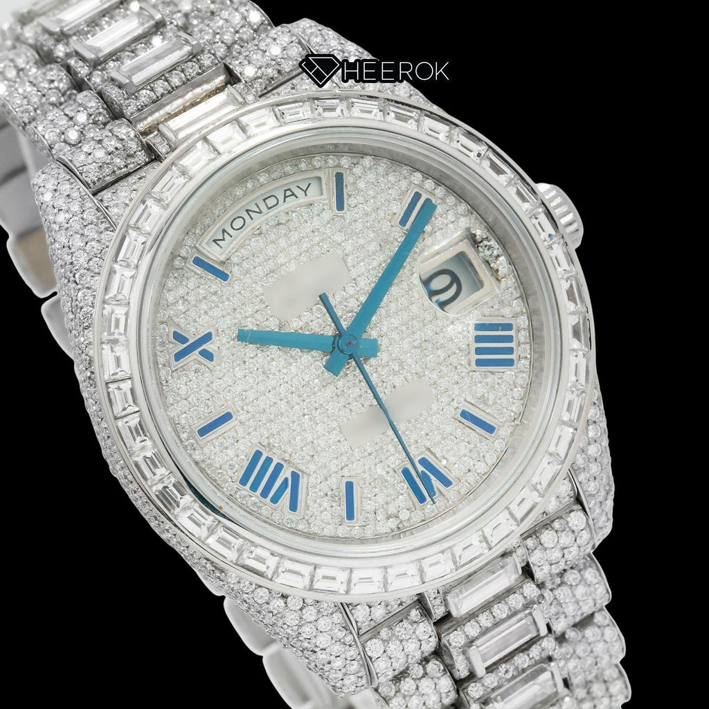 Rolex Day-Date Full Paved Dial Blue Roman Numerals Baguette Diamond Bezel Fully Iced Moissanite Diamond President Bracelet Watch